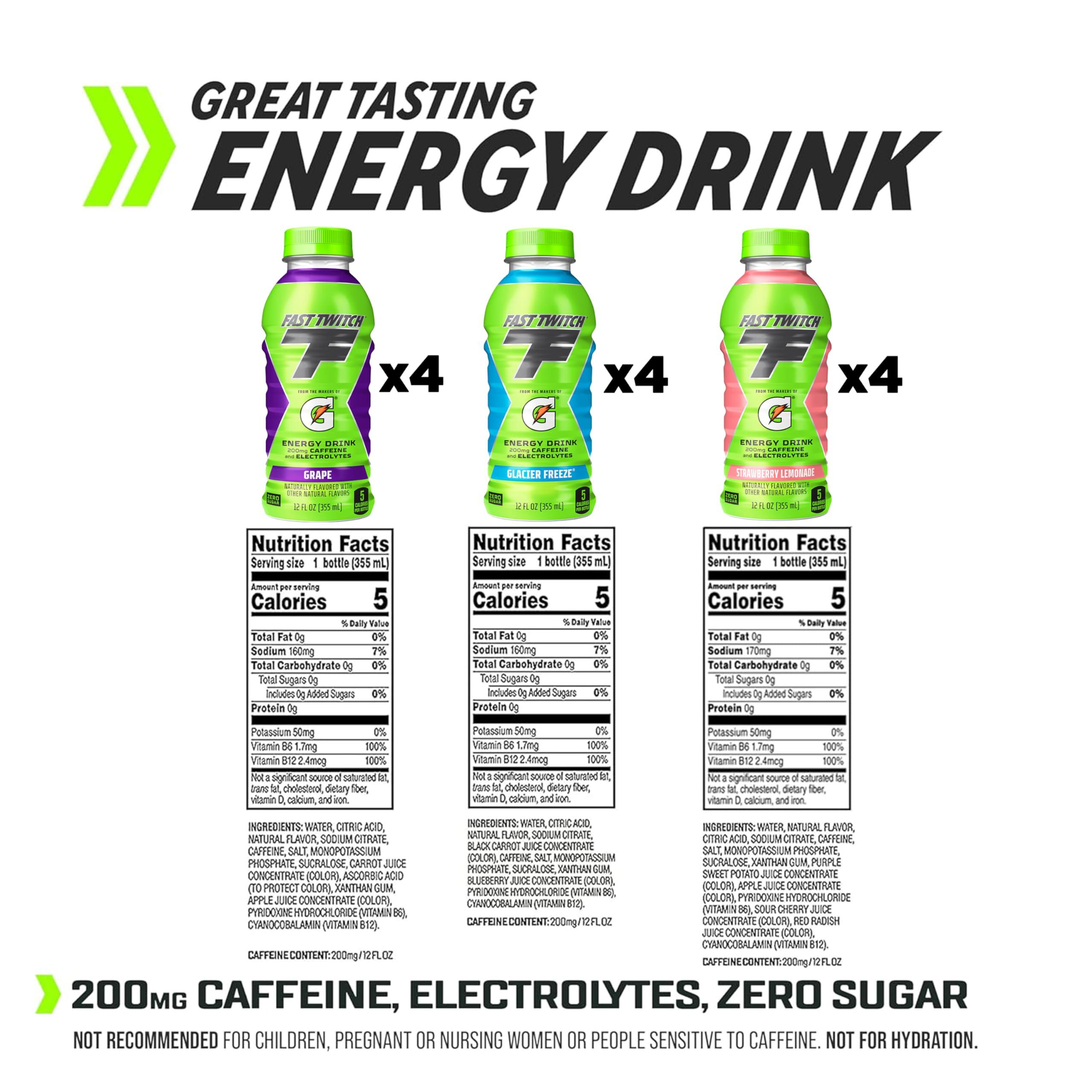 Fast Twitch Energy Drink from the Makers of Gatorade, Glacier Freeze, Strawberry Lemonade, Grape Variety Pack, 12 Fl Oz (Pack of 12) - Image 2