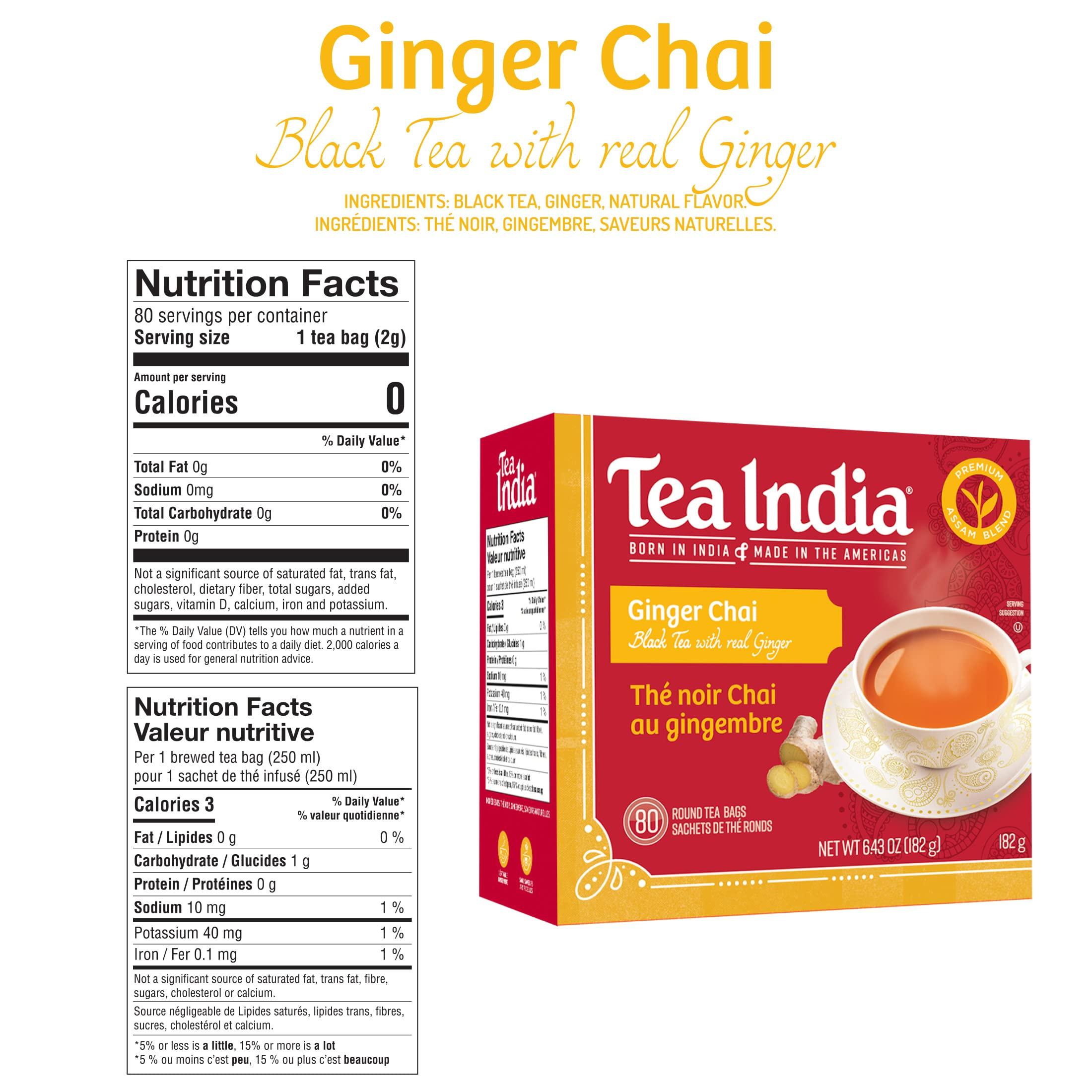Tea India Ginger Chai Black Tea with Real Ginger Flavorful Blend Of Premium Black Tea, Ginger & Natural Ingredients Traditional Indian Caffeinated Tea 80 Round Teabags - Image 2