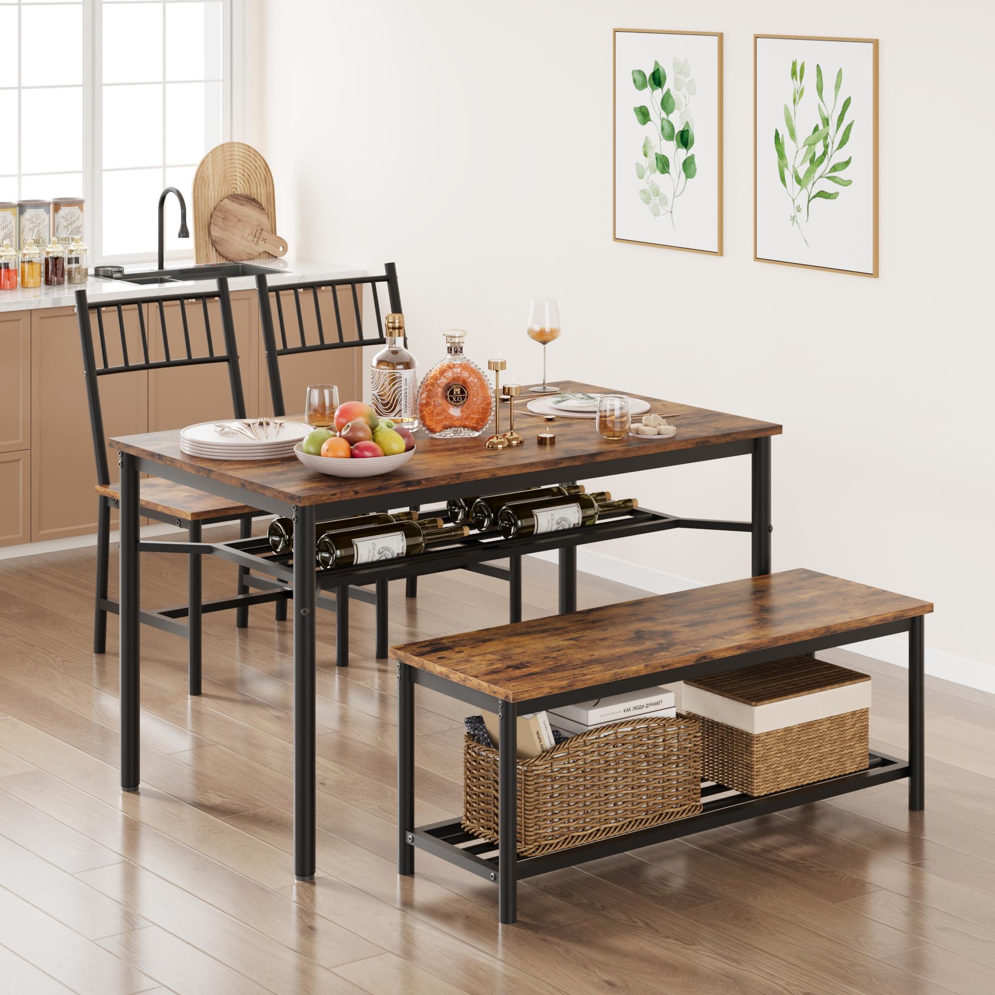 Fancihabor Dining Table Set for 4, Kitchen Table and Chairs for 4 with Wine Rack, Rectangular Dining Room Table Set with Bench, 4 Piece Dining Table Set for Small Space, Apartment, Retro Brown - Image 4