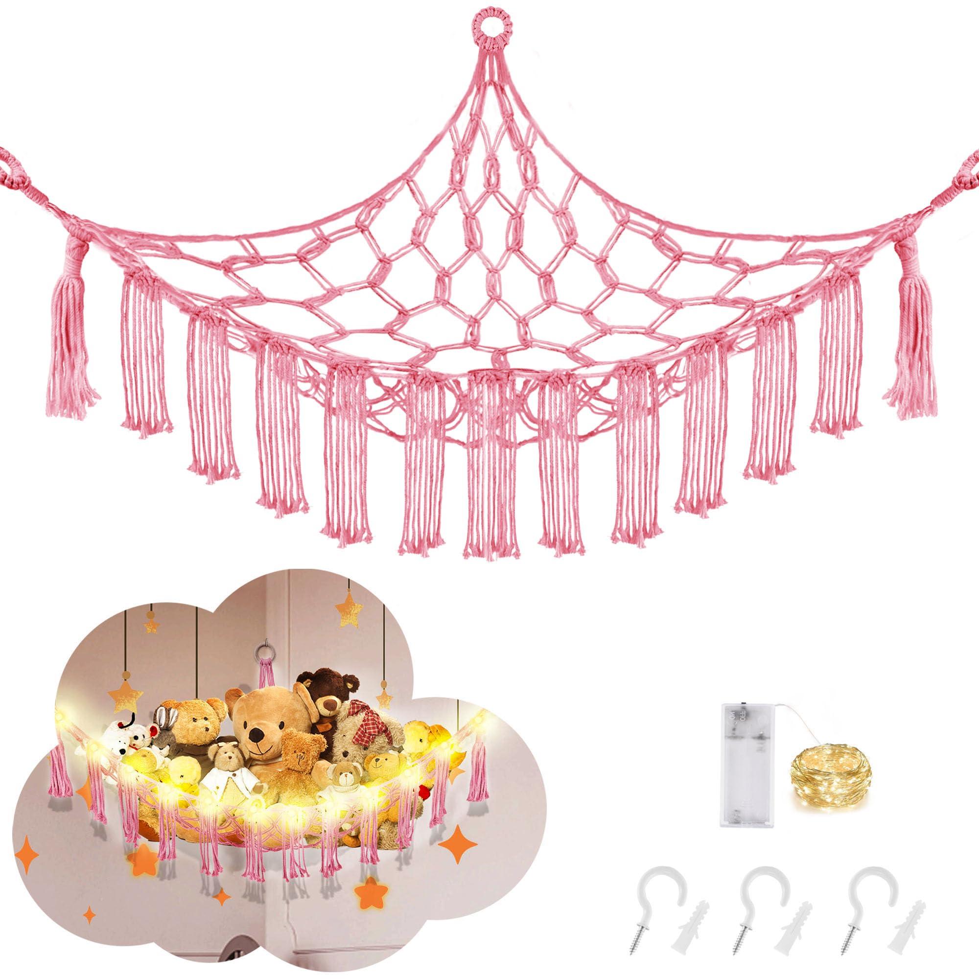 CERETIA Hammock for Stuffed Animals with LED Light, Kids Room Decor Corner, Pink - Image 1