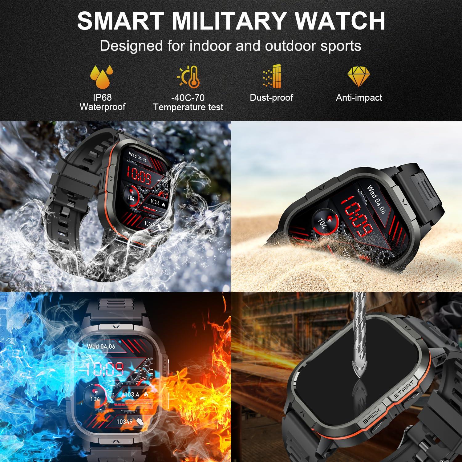 Smart Watch for Men Fitness Tracker: Make/Answer Call Military Smart Watches for Men Digital Watches Run Waterproof Smartwatch Android Phones iPhone Samsung Compatible Heart Rate Monitor Orange Black - Image 6