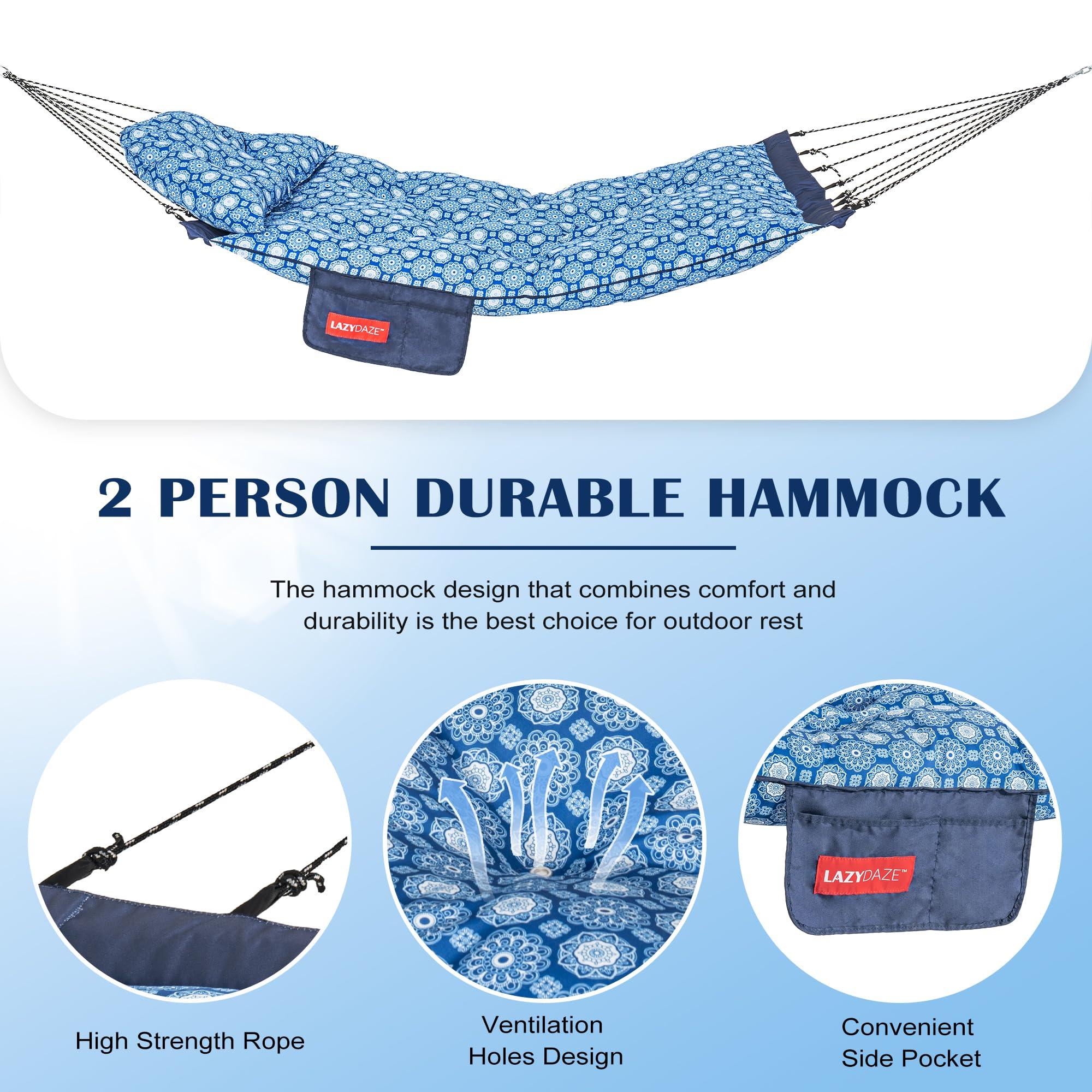 Lazy Daze Hammocks Deluxe 12 FT Thickened Fabric Hammock with Curved Aluminium Spreader, Outside Double Hammock with Large Soft Pillow, Side Pocket 450 Lbs Capacity for Patio, Blue Floral - Image 5