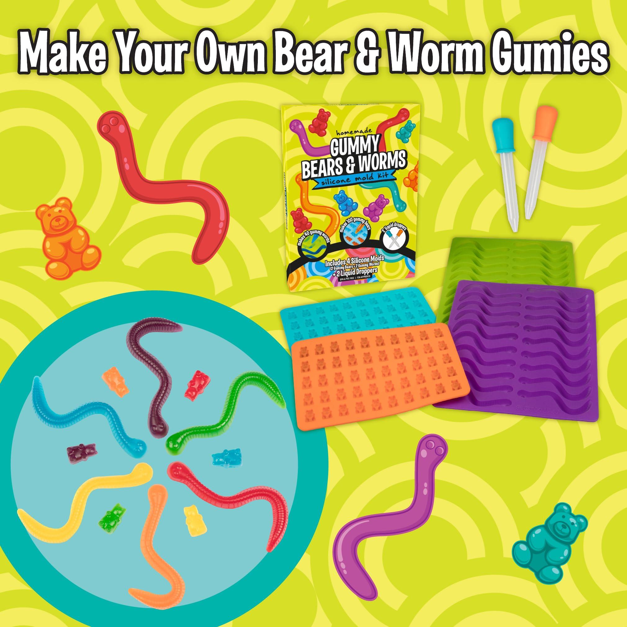 Gummy Bear & Worm Silicone Candy Molds, 4 Pack Set - Nonstick Trays with 2 Droppers for Chocolate, Ice Cubes, BPA-Free -Makes up to 62 Candies - Arts & Crafts Summer Camp Activity, Birthday Gift - Image 4
