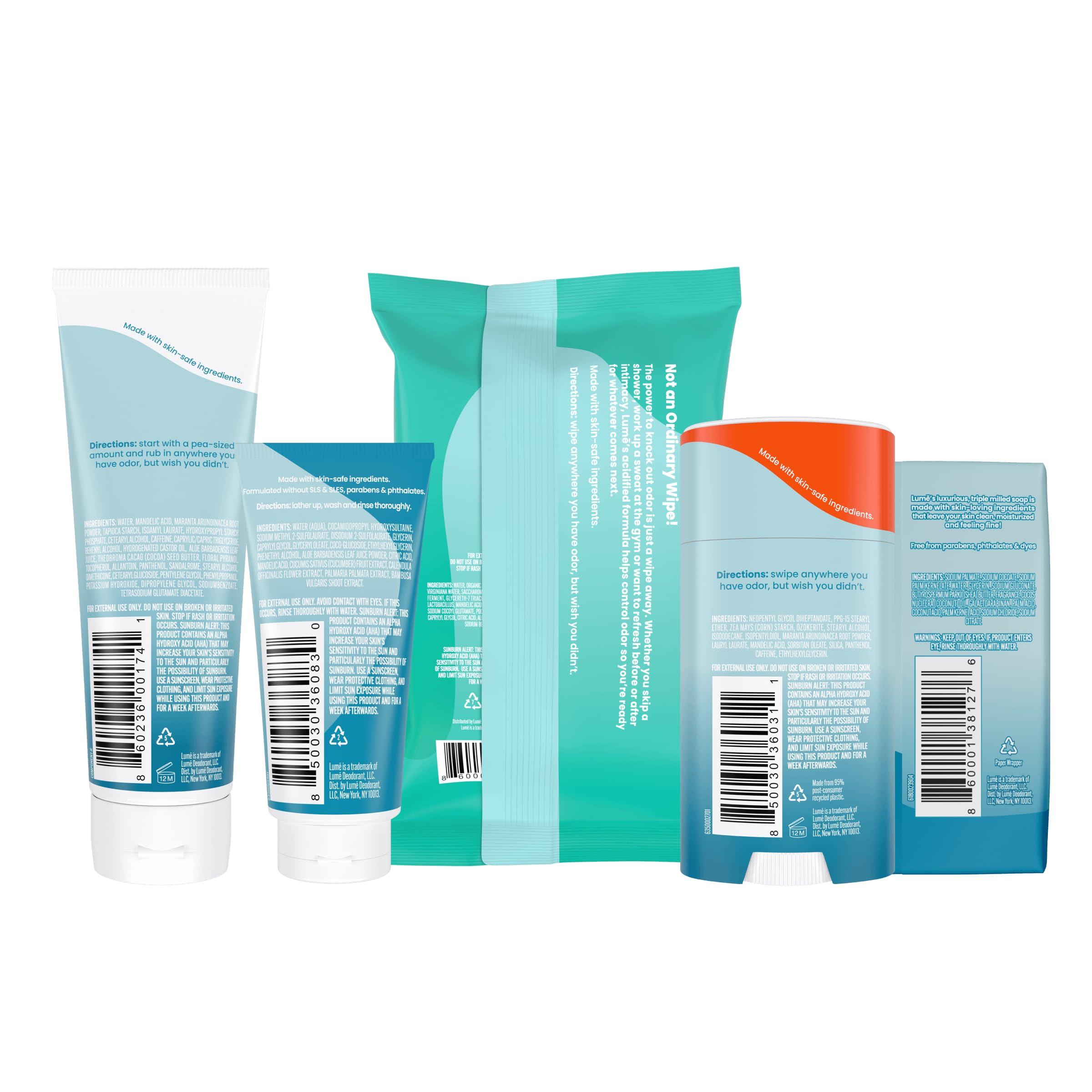 Lume Skin Care Gift Set for Women, Whole Body Deodorant Starter Pack - Smooth Solid Stick, Invisible Cream Tube, Acidified Body Wash Mini & Deodorant Wipes - Aluminum Free Odor Control (Unscented) - Image 2