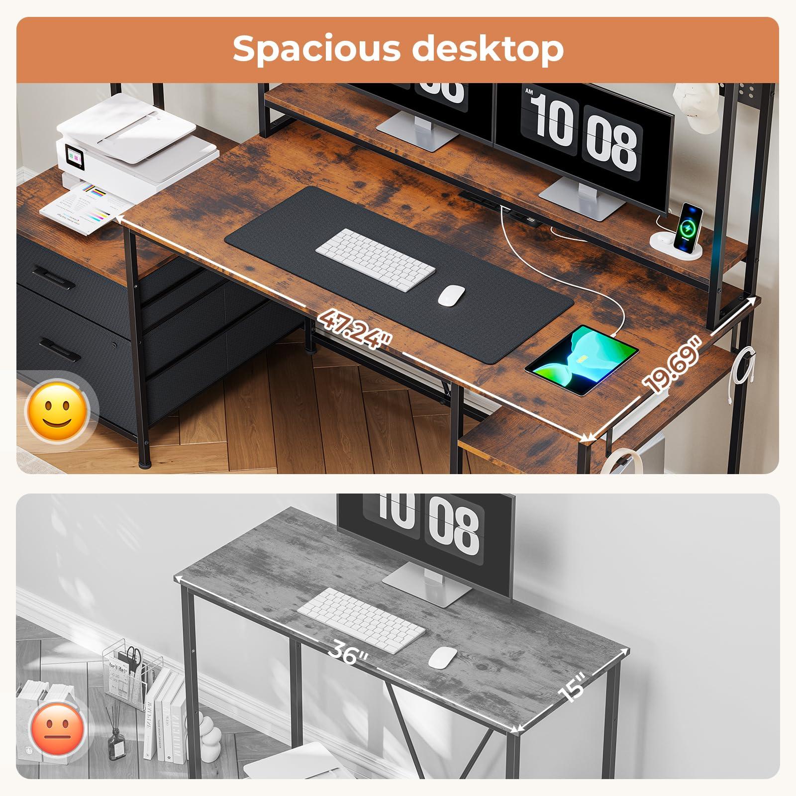 UPOSOJA Gaming Desk with Hutch, 65in Reversible Computer Desk with Power Outlets LED Light, Home Office Desk with Monitor Stand 2 Drawers 4 Storage Shelves Pegboard 8 Hooks Mouse Pad (Brown) - Image 7