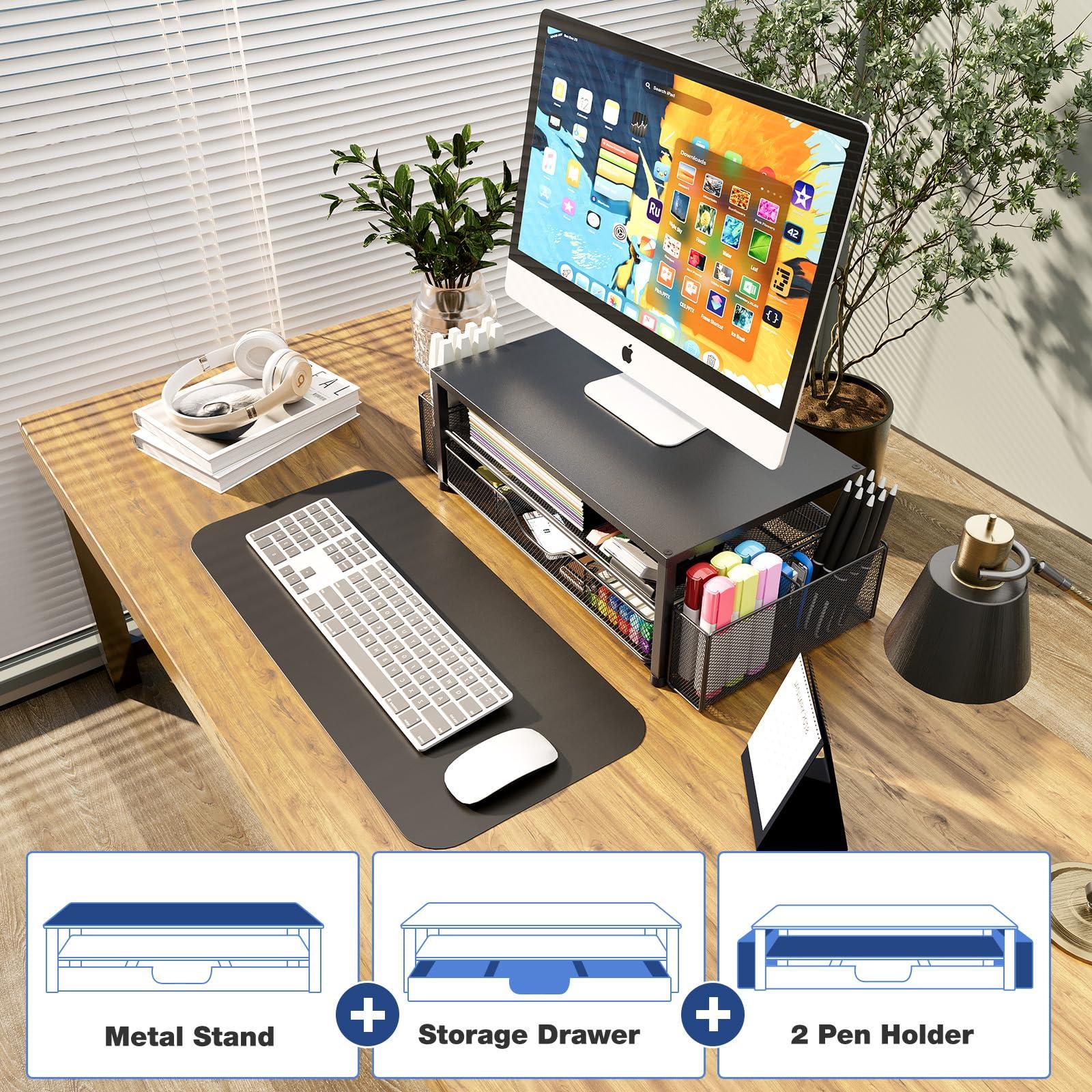 OPNICE Desk Organizer and Accessories, 2-Tier Computer Monitor Stand Riser with Drawer and 2 Pen Holders, Office Desk Accessories for Office Supplies, Black - Image 8