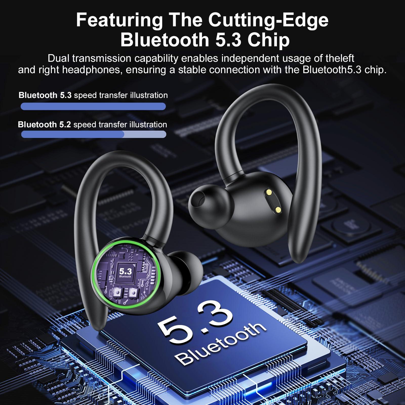 Wireless Earbuds, Bluetooth 5.3 Headphones Sport, Over Ear Buds With ENC Noise Cancelling Mic, 48H, Wireless Earphone With Earhooks, Stereo Deep Bass, IP7 Waterproof Headset for Workout Running, Black - Image 2