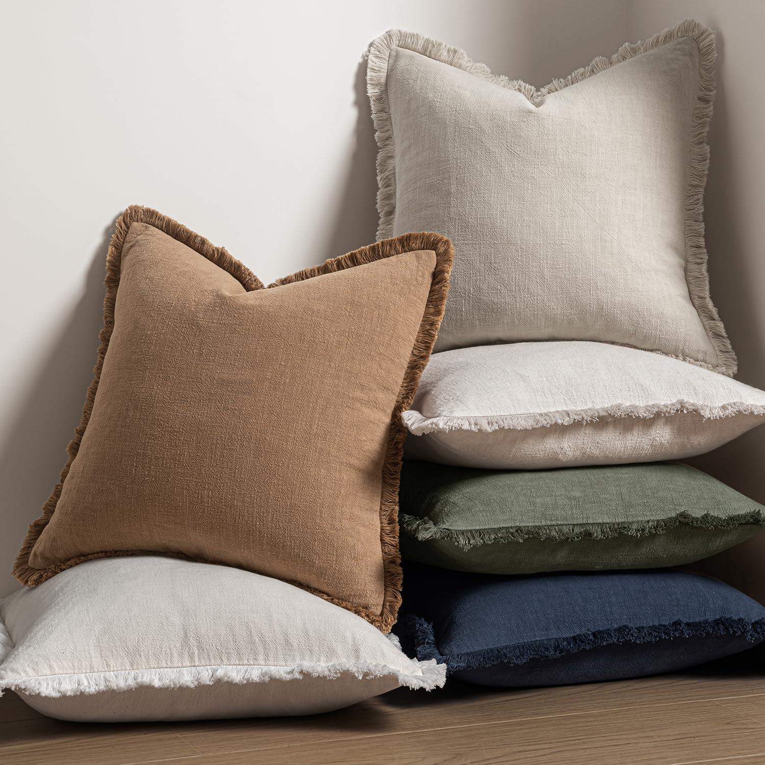 MIULEE Decorative Throw Pillow Covers Neutral Linen Fringe Throw Pillows Set of 2 Natural Beige Boho Farmhouse Cushion Covers with Tassels for Couch Sofa Bed Living Room Spring Home Decor 20x20 Inch - Image 6