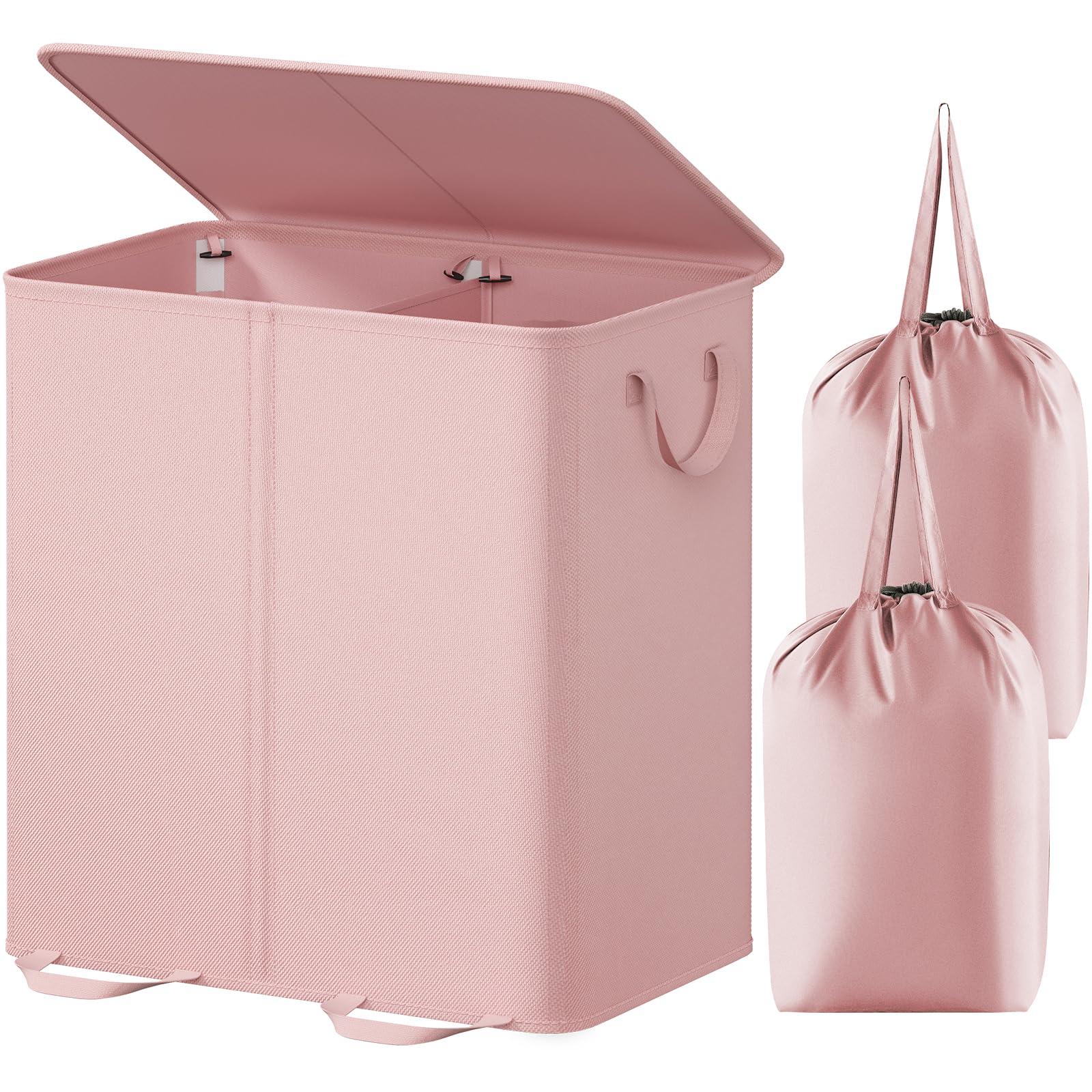 Lifewit Double Laundry Hamper with Lid and Removable Laundry Bags, Large Collapsible 2 Dividers Dirty Clothes Basket with Handles for Bedroom, Laundry Room, Closet, Bathroom, College, 136L Pink