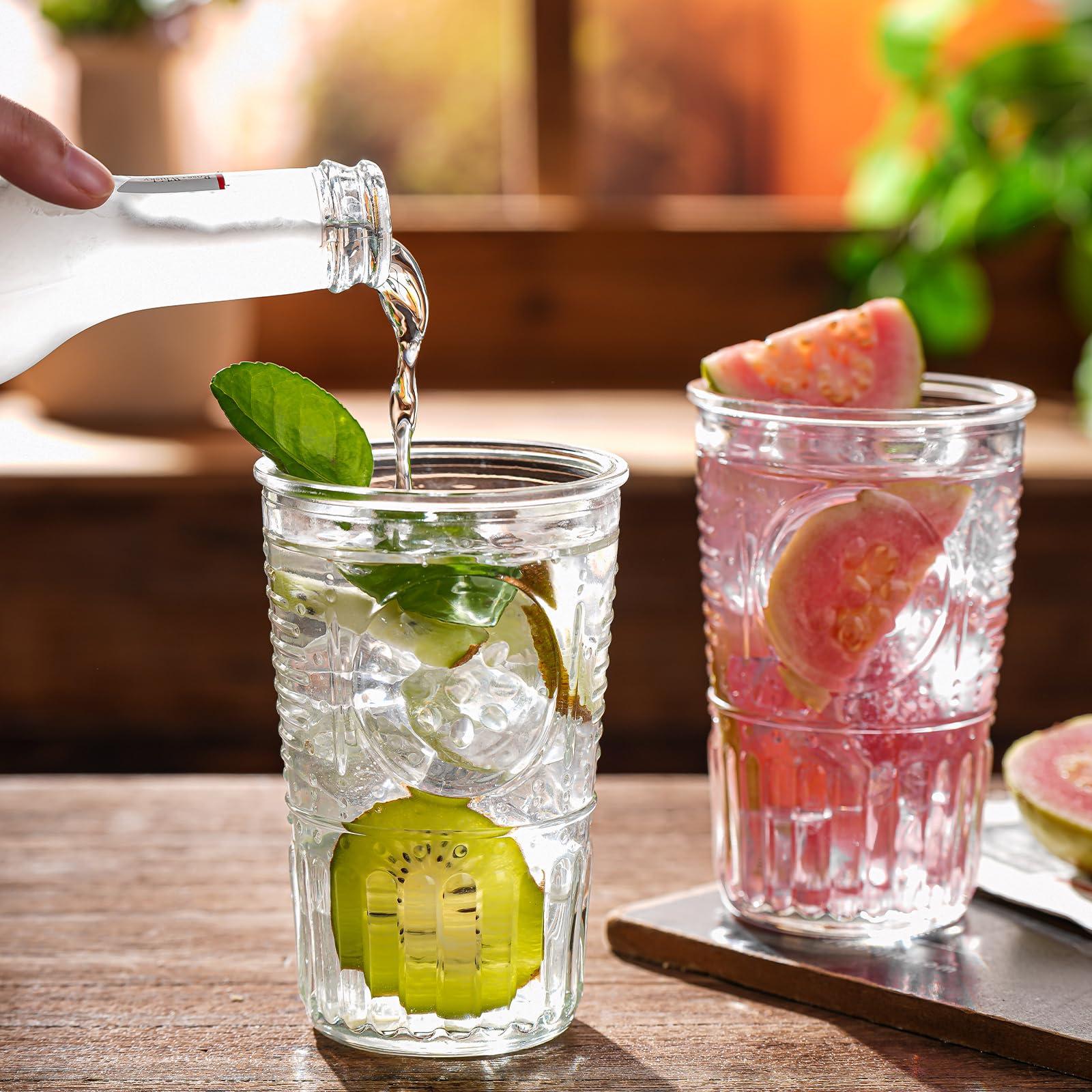 Claplante Vintage Drinking Glasses, 6 pcs 10oz Embossed Designed Highball Glasses, Glass Cups, Tall Water Tumbler, Mojito Cup, Cocktail, Vintage Glassware Set for Whiskey, Juice, Cocktail - Image 4