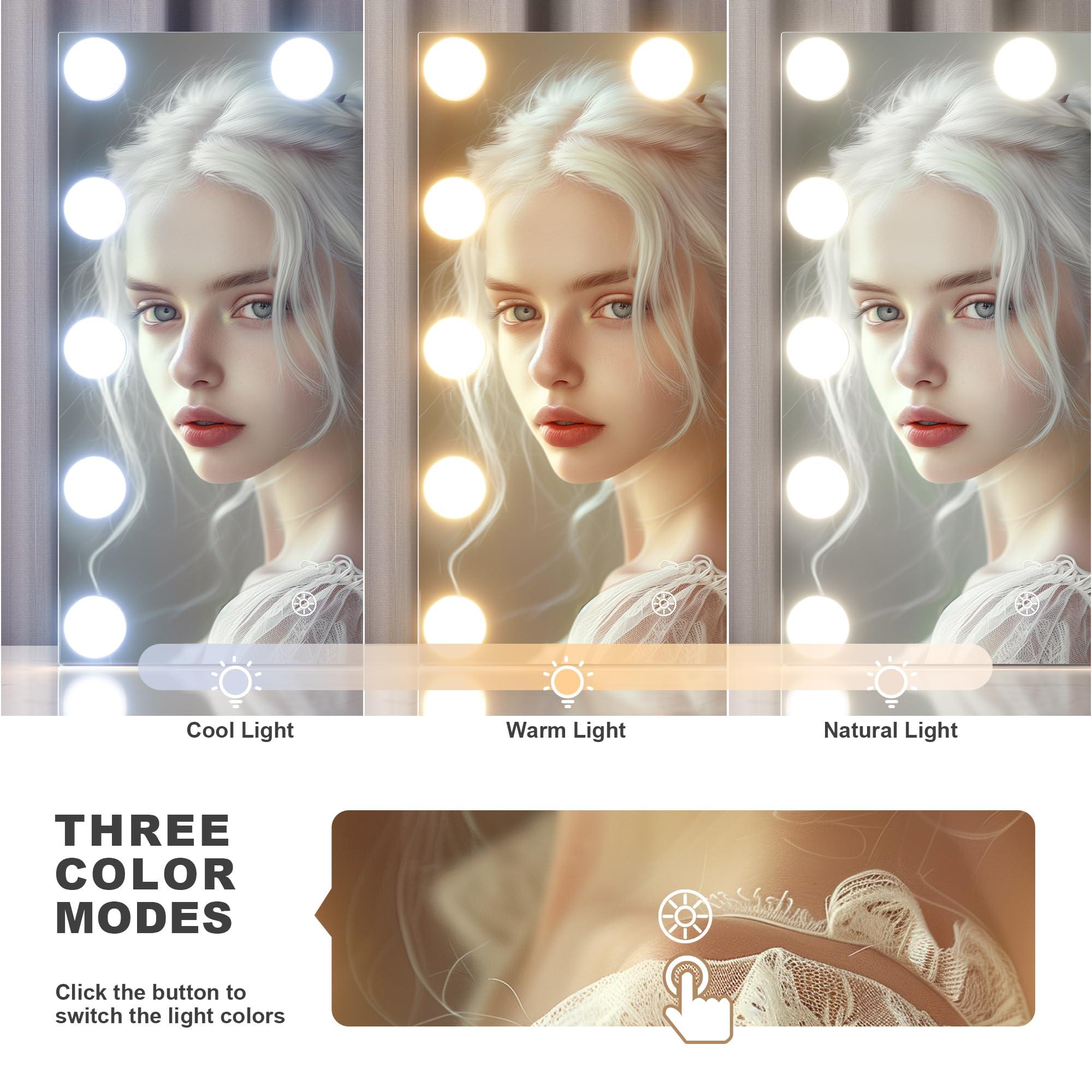 Hasipu Vanity Mirror with Lights, 11" x 14" Hollywood Mirror, Makeup Mirror with 11 Dimmable Bulbs and 10X Magnification, 3 Colors Modes, Touch Control, USB Charging Port, 360° Rotation, White - Image 3