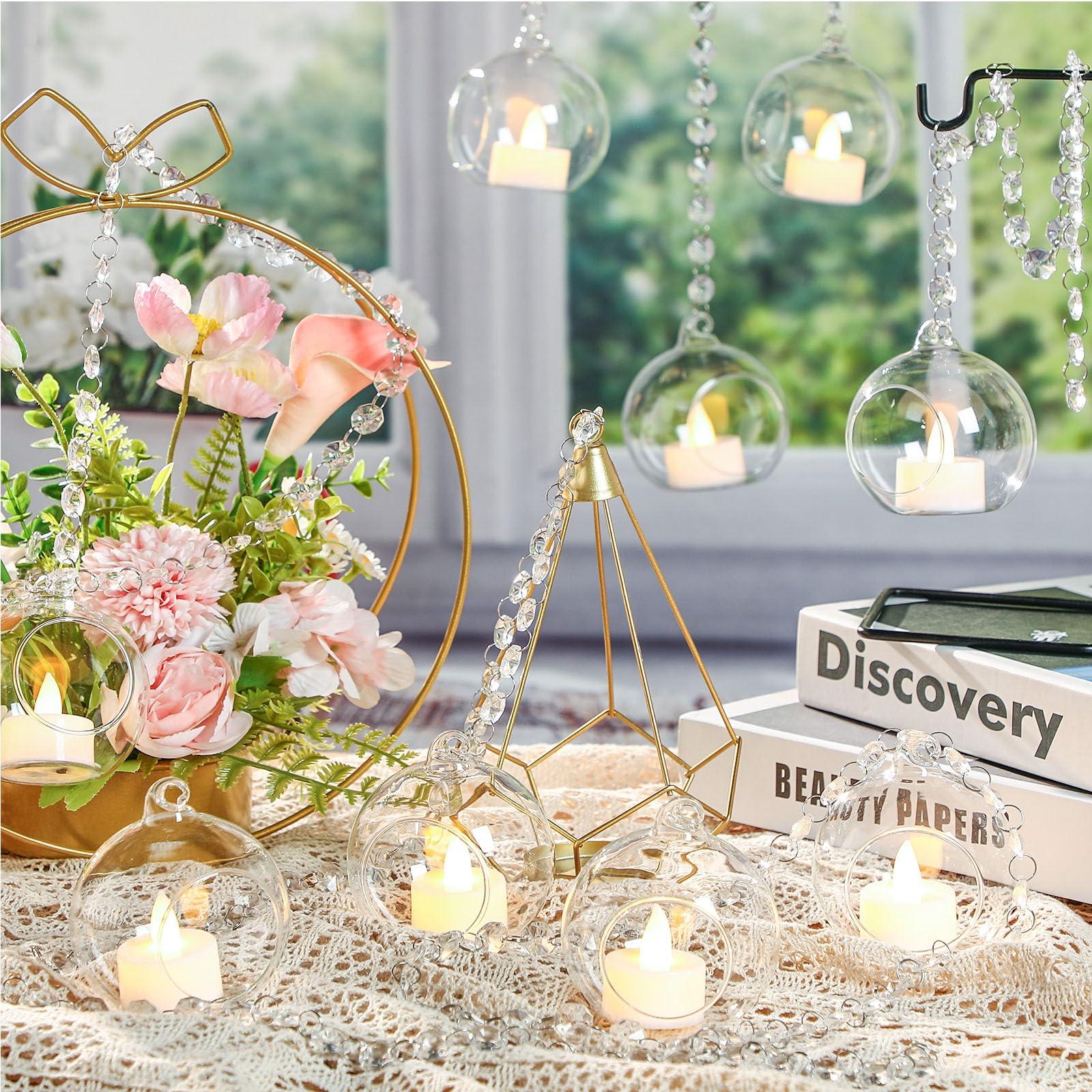 GlikCeil 3.15'' Hanging Glass Tealight Holder Globe and Clear K9 Crystal Garland Strands, Hanging Glass Terrarium Containers for Wedding Party Tree Decoration(56 Pcs) - Image 6