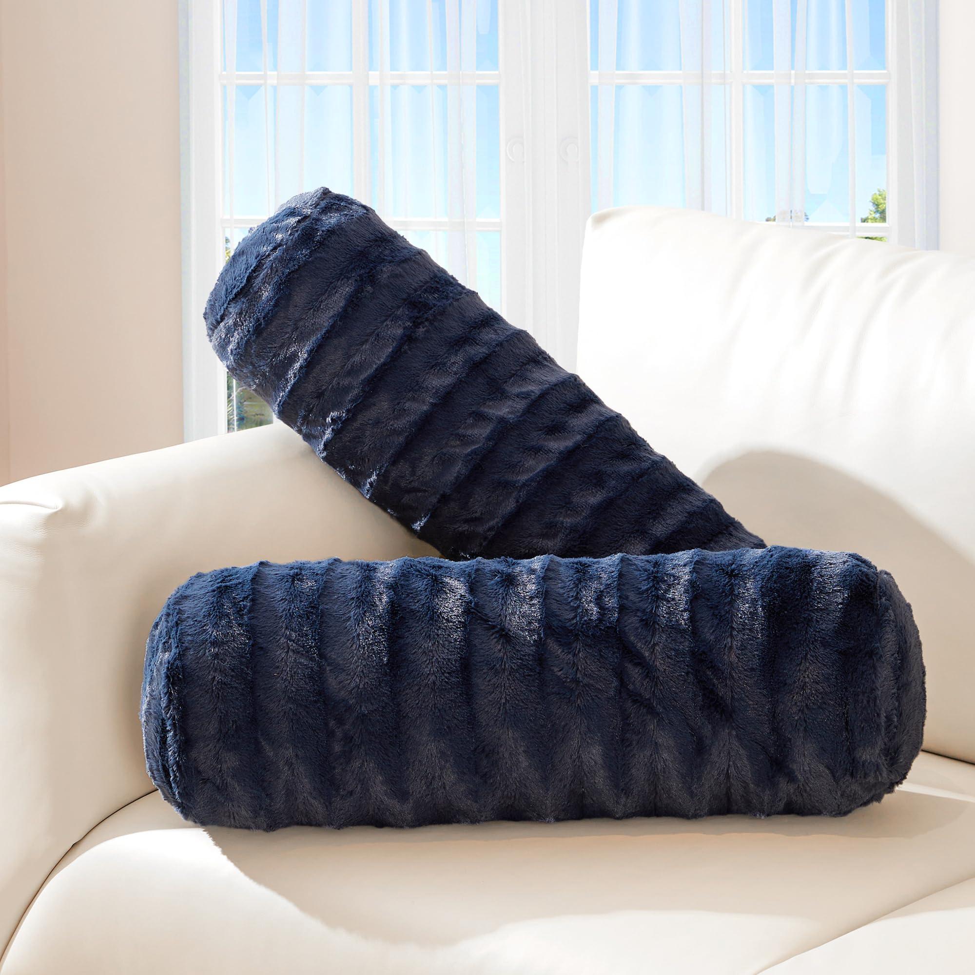 Cheer Collection Faux Fur Cylinder Pillows - Decorative Bolster Pillows for Bed, Accent Pillows for Couch, Machine Washable - 8” x 24” (2pk), Blue