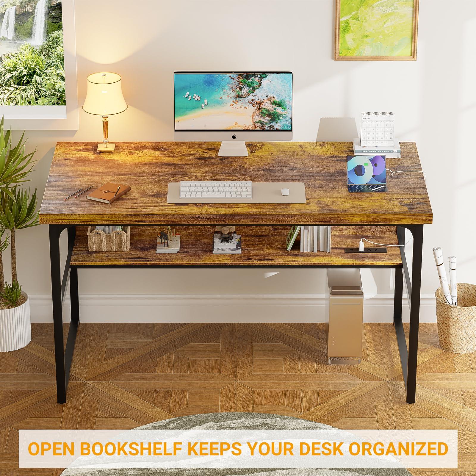 Unikito Computer Desk with Power Outlets, Executive Desk with Extra Thick Tabletop, Computer Office Desk Workstation with Bookshelf, Modern Simple Study Writing Table for Home Office, Rustic Brown - Image 4