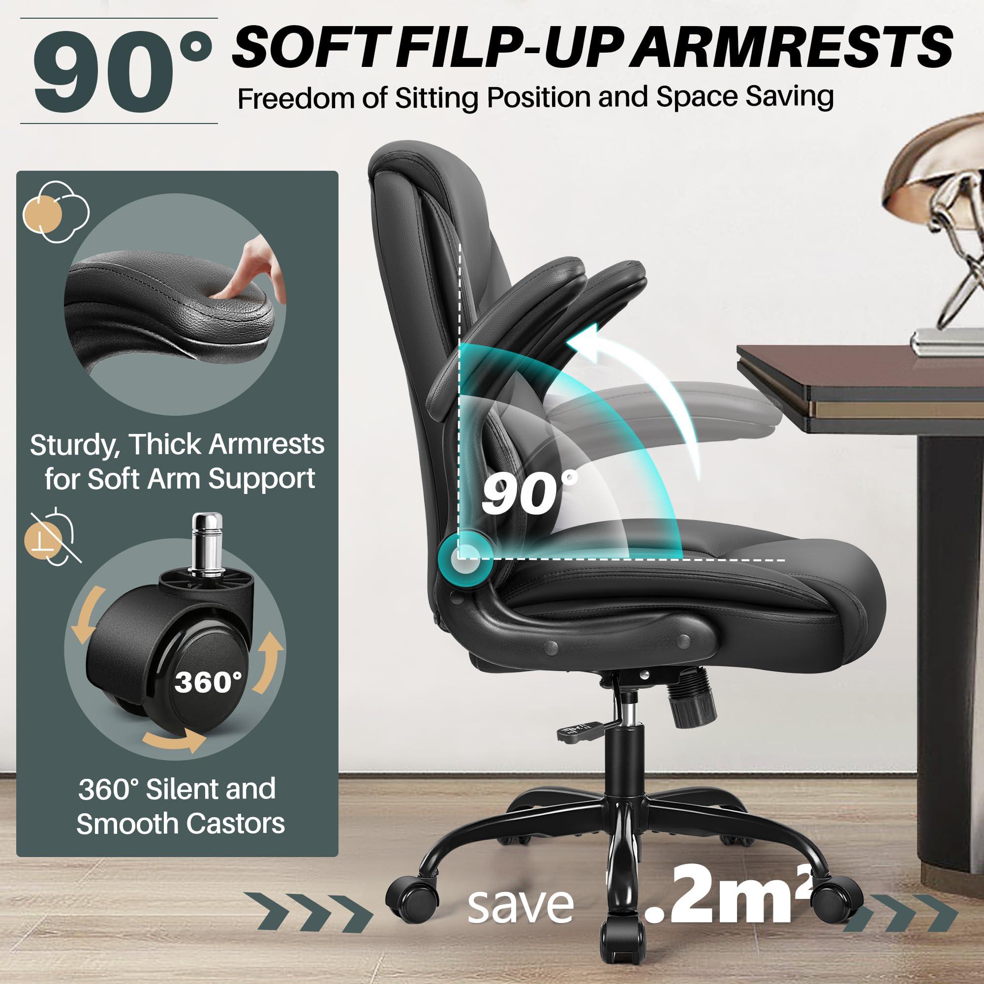 FelixKing Leather Office Chair - Small PU Ergonomic Desk Chair, Comfy Computer Chair with Wheels and Flip-up Armrests, Adjustable Height Mid Back Executive Office Chair for Short People-Black - Image 4