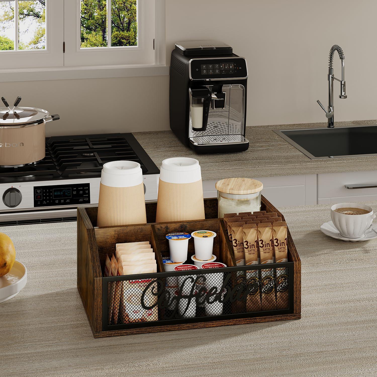 YINMIT Coffee Station Organizer for Countertop, Wood Coffee Bar Organizer with Removable Dividers for Pods, Syrup, Cups, Stirrer, Tea - Office Coffee Bar Accessories - Image 7