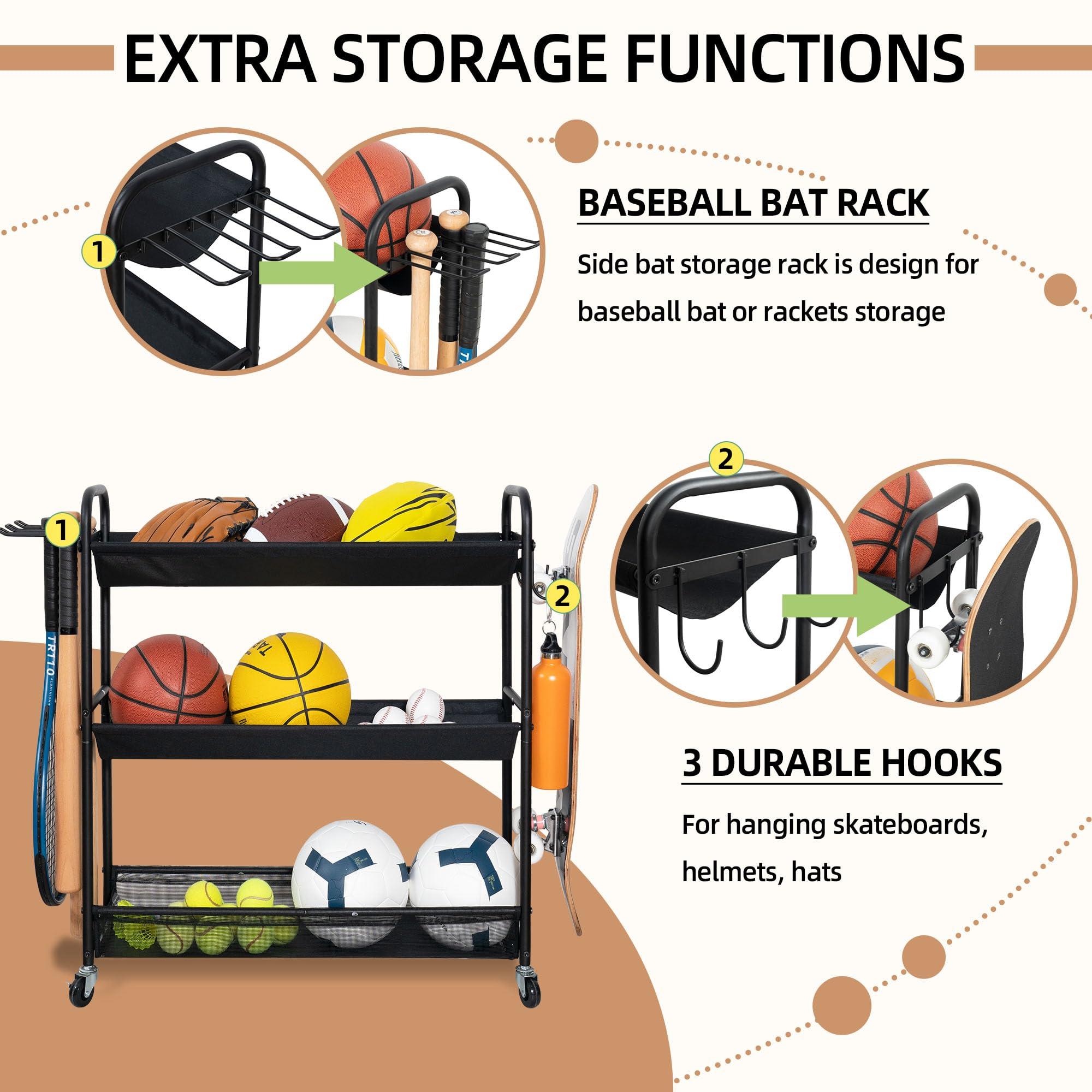 STORAGE MANIAC Basketball Rack 3-Shelf Training Stand Ball Holder Sports Ball Cart Garage Organizer Ball Basket Storage, Ball Rack for Garage or Gym, Indoor & Outdoor Sports Equipment Organizer - Image 5