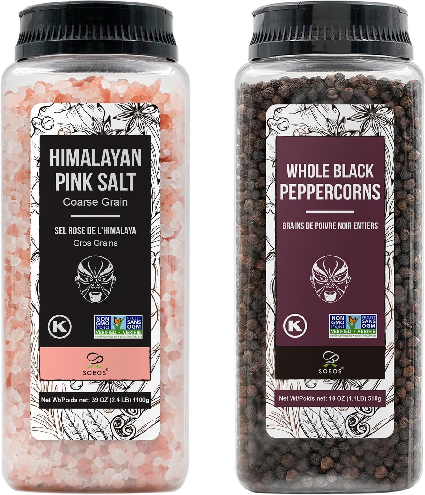 Soeos Himalayan Pink Salt 39 oz + Whole Black Peppercorns 18 oz, Coarse Grain, Kosher Salt for Grinder Refill, Salt and Pepper Grinder, Non-GMO Verified, Spice Seasoning Set for Cooking