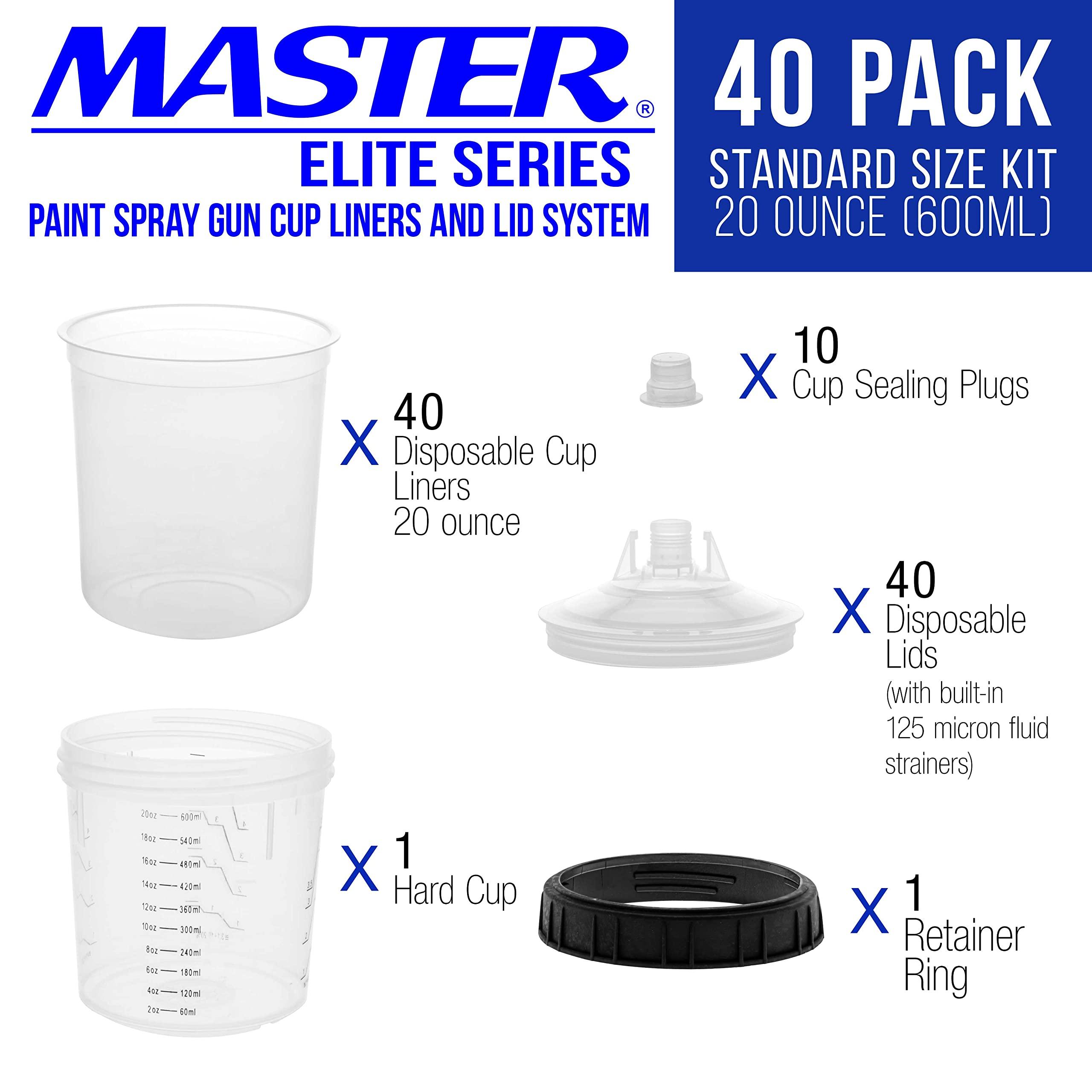 Master Paint System MPS Disposable Paint Spray Gun Liners and Lid System, 40 Pack Standard Size 20 Ounce (600ml) Kit - 40 Liners, 40 Lids with Strainer, 1 Hard Cup with Retainer Ring, 10 Plugs - Image 2