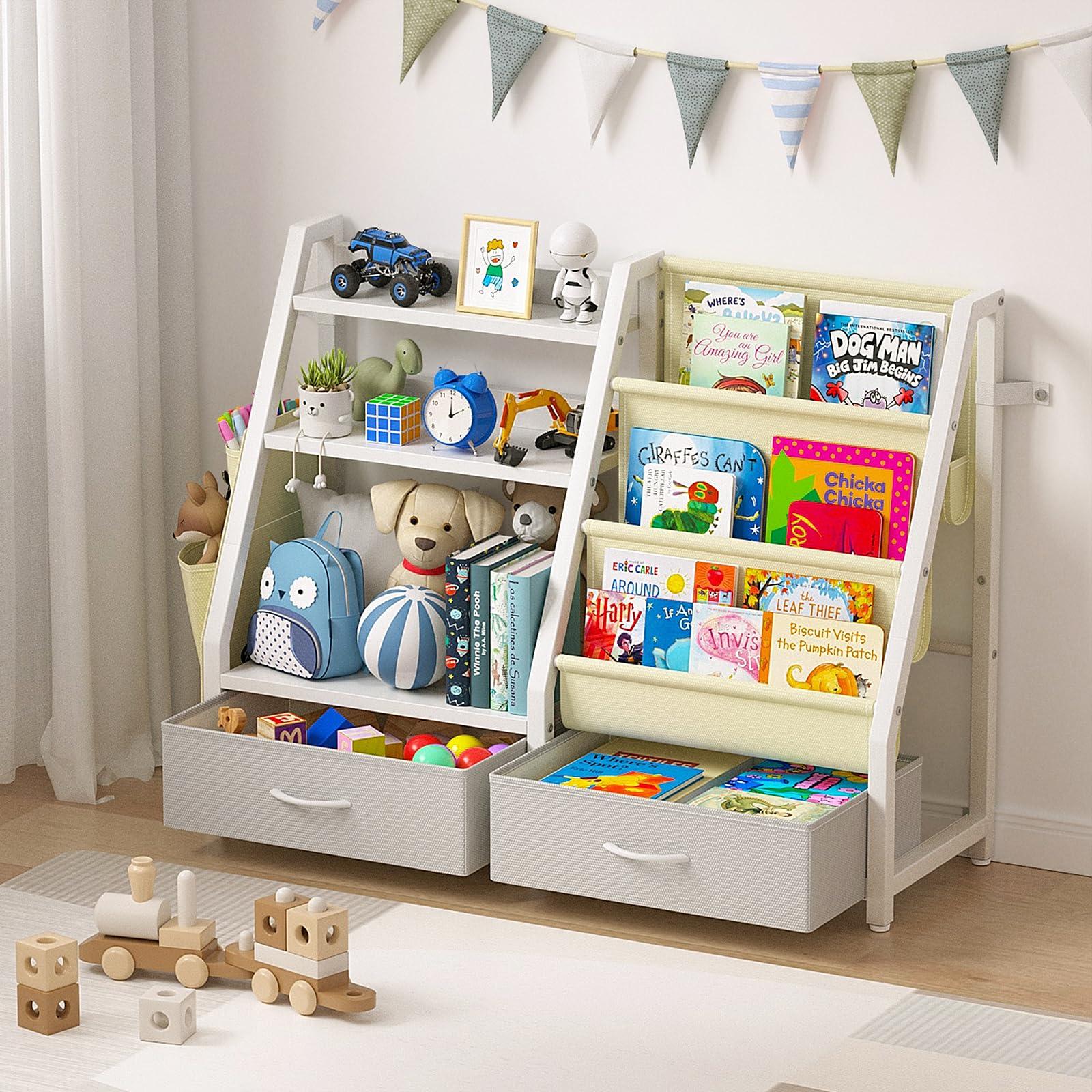 Twinkoo Kids Bookshelf and Toy Organizer, Sturdy 3 Tier Kids Bookcase, Sling Bookshelf and 2 Toy Bins, Toddler Montessori Book Shelf with Toy Storage Organizer for Children Room, Playroom, Nursery - Image 8