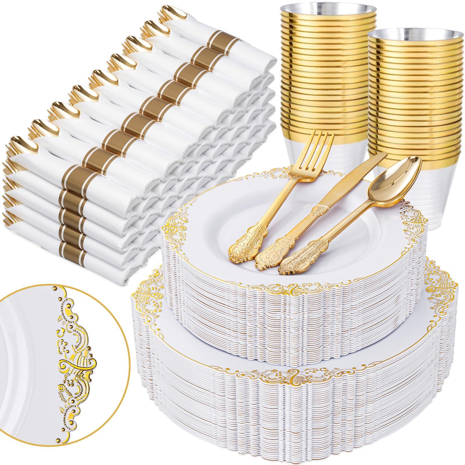 Nervure 350PCS Gold Plastic Plates - Gold Plastic Dinnerware Sets for 50 Guests - 100 Disposable Plates, 150 Silverware, 50 Cups, 50 Napkins for Wedding & Party & Independence