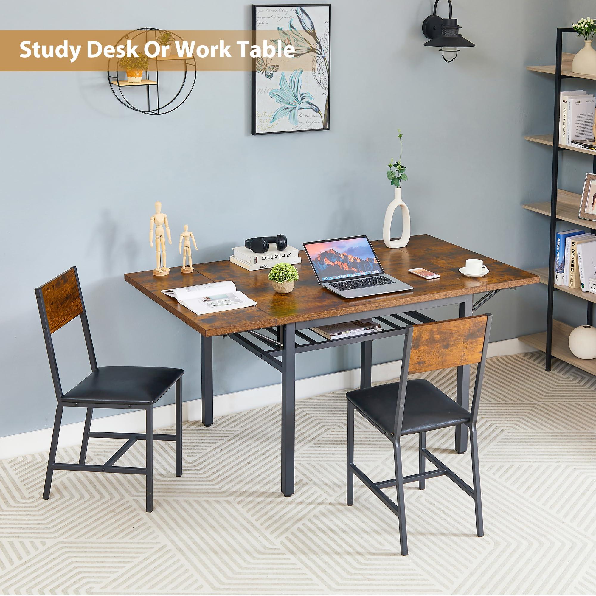 Tmsan 63.2" Folding Dining Table for 4-6 People, Drop Leaf Table with Storage Rack Extendable Kitchen Dinner Table for Small Spaces, Chairs Not Included (Brown) - Image 7