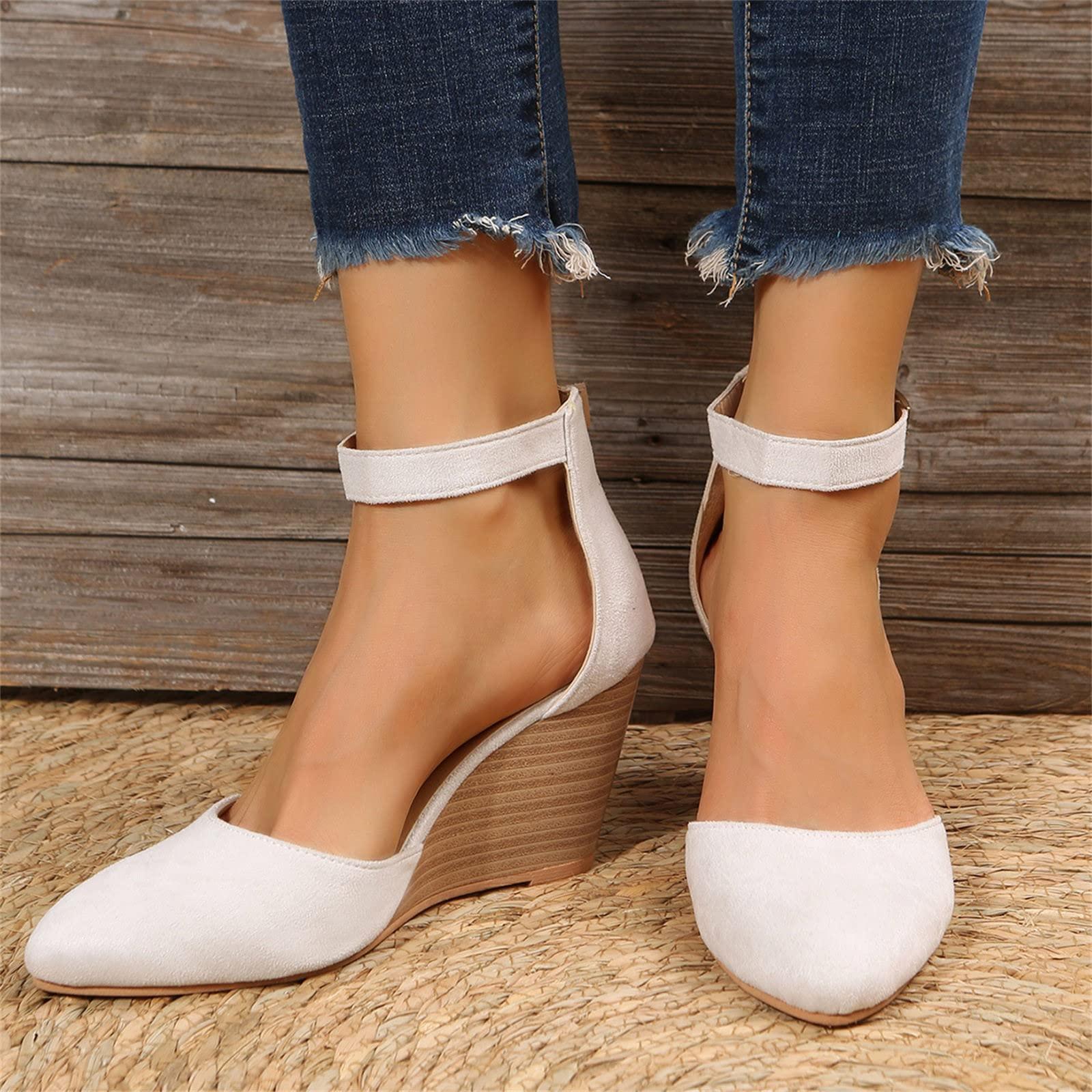Closed Toe Wedges Heels for Women Dressy Platform Wedge Sandals Ankle Strap Heeled Espadrilles Sandals Ladies Comfortable Cork Summer Dress Shoes for Beach Wedding - Image 3