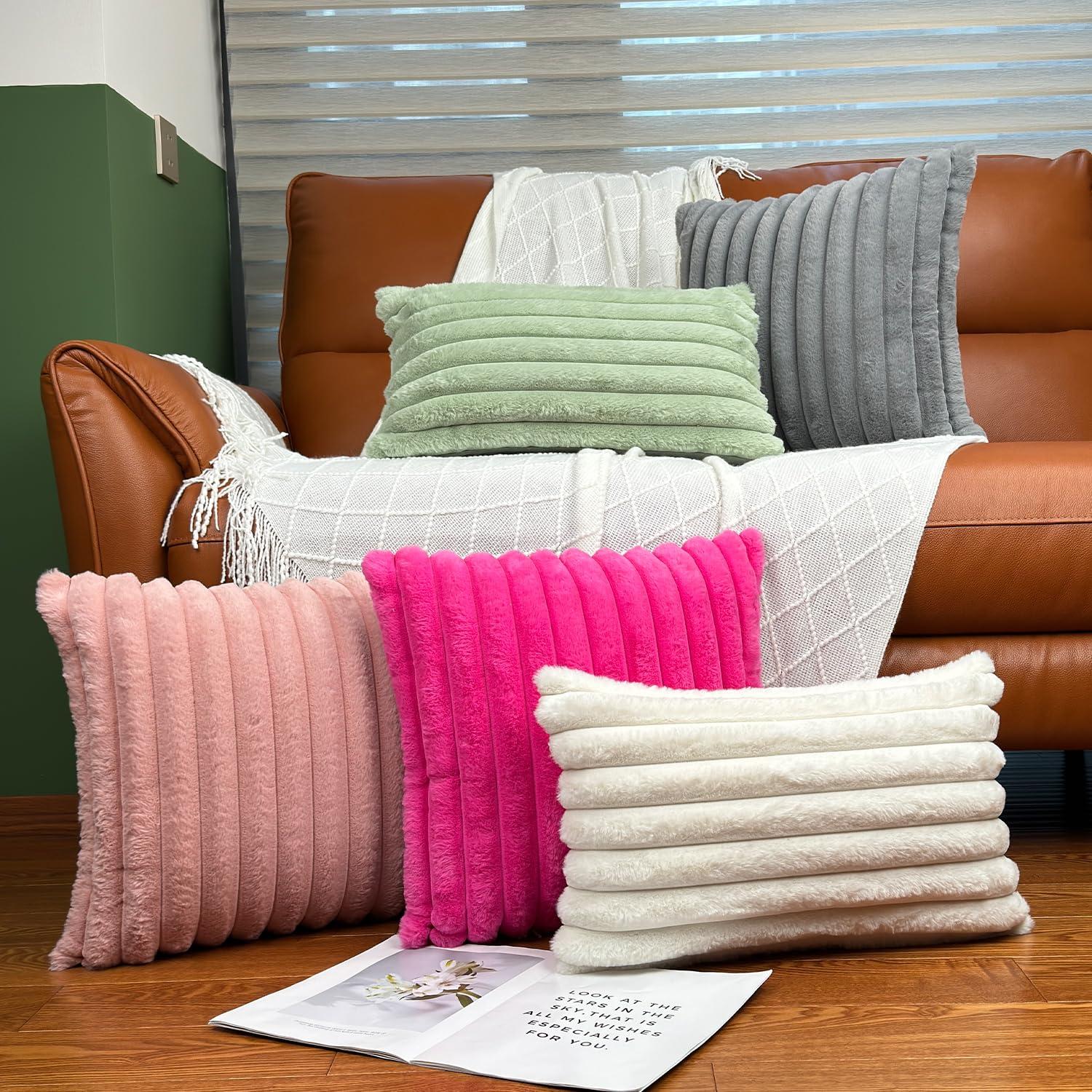 18x18 Throw Pillow Covers Set of 2, Decorative Faux Fur Covers for Bed, Couch Soft Fluffy Pillow Cover with Velvet Back for Living Room, Neutral Home Décor Accent for Sofa - Pink - Image 5