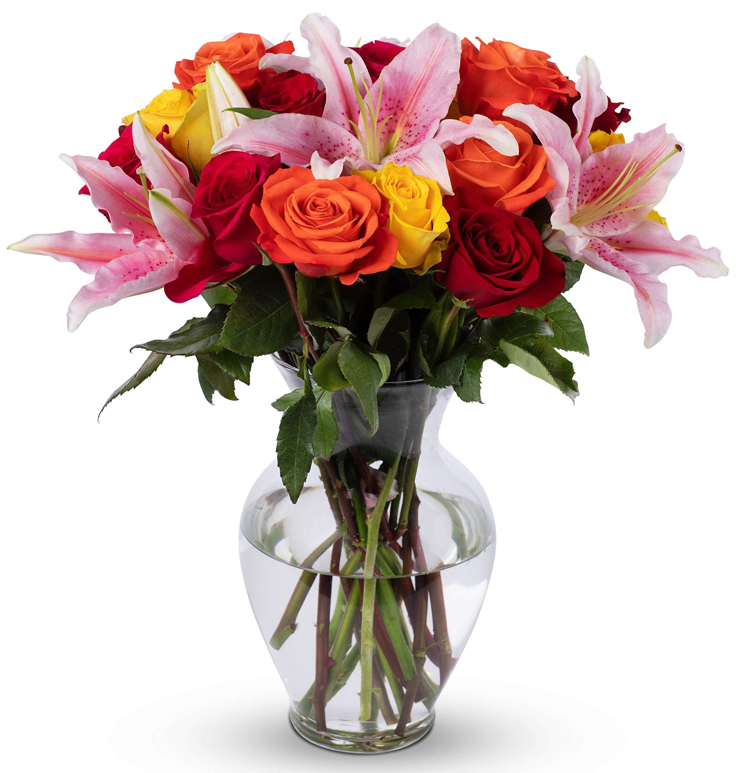Benchmark Bouquets - Big Blooms Oriental Lilies & Roses (Glass Vase Included) - Fresh Flowers for Delivery - Gift for Graduation, Birthday, Anniversary, Sympathy, Get Well, Congratulations