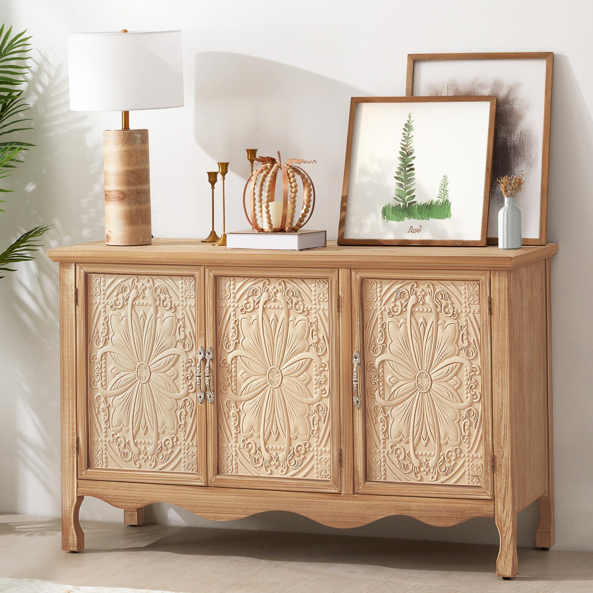 RoyalCraft Farmhouse Sideboard Buffet Cabinet with Storage, 49" Solid Wood Credenza Buffet Table Coffee Bar Wine Bar Storage Cabinet with 3 Doors for Dining Room Living Room Hallway, (Provence Grain) - Image 3