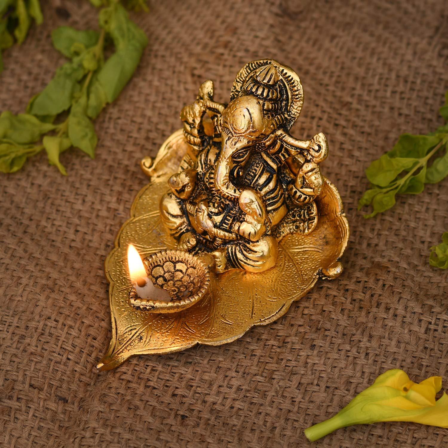NOBILITY Ganesha on Leaf Statue Gold Ganesh Idol with Diya for Home Office Pooja Puja Diwali Decorative Wedding Return Gift Items 10 Pcs - Image 2