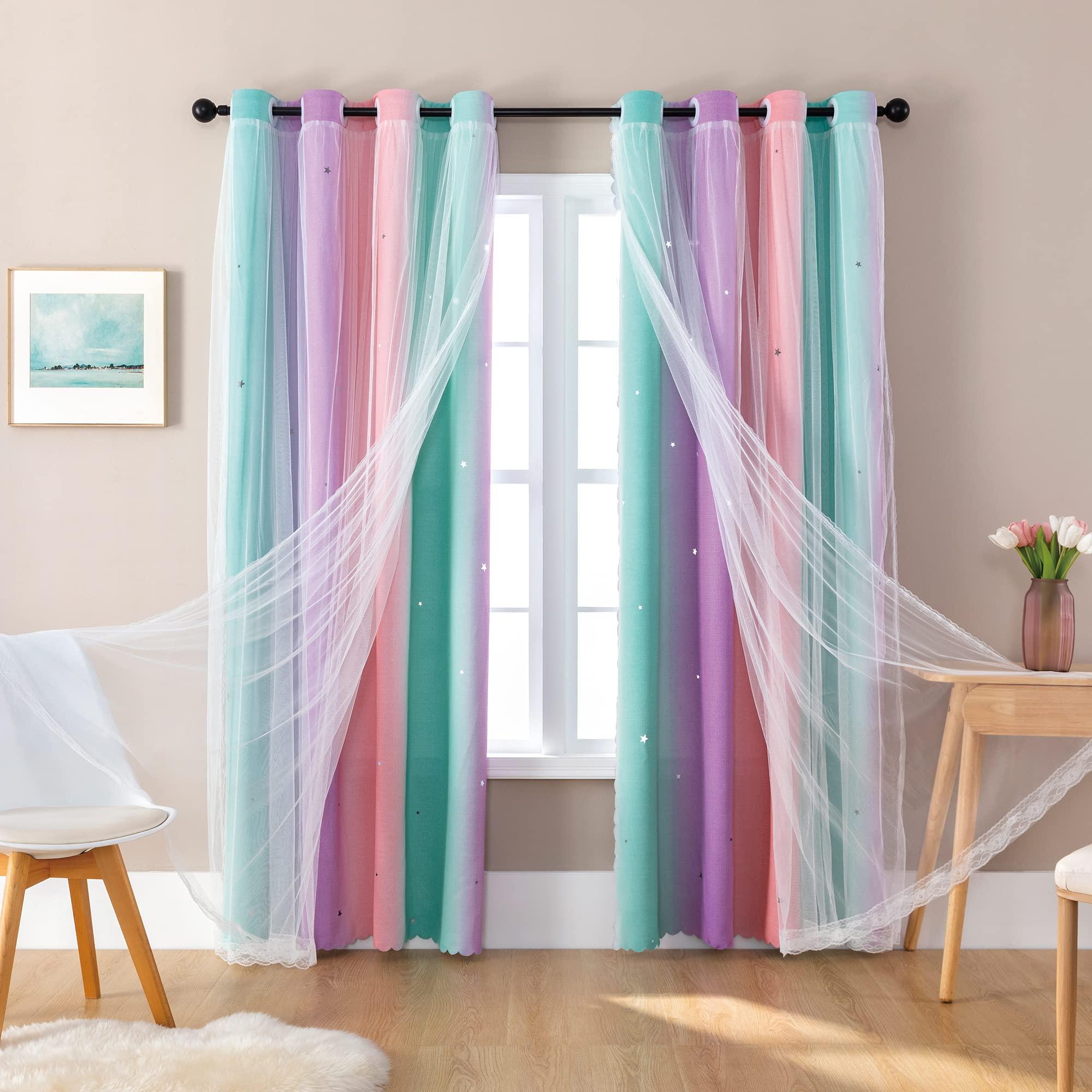 XiDi Curtains for Girls Bedroom Decor, Rainbow Blackout Curtains for Kids Room Decor, Purple for Little Girl Room, Unicorn Wall Decals Pink Curtains Green, 63 Inches Long 34 Wide 1 Panel - Image 5