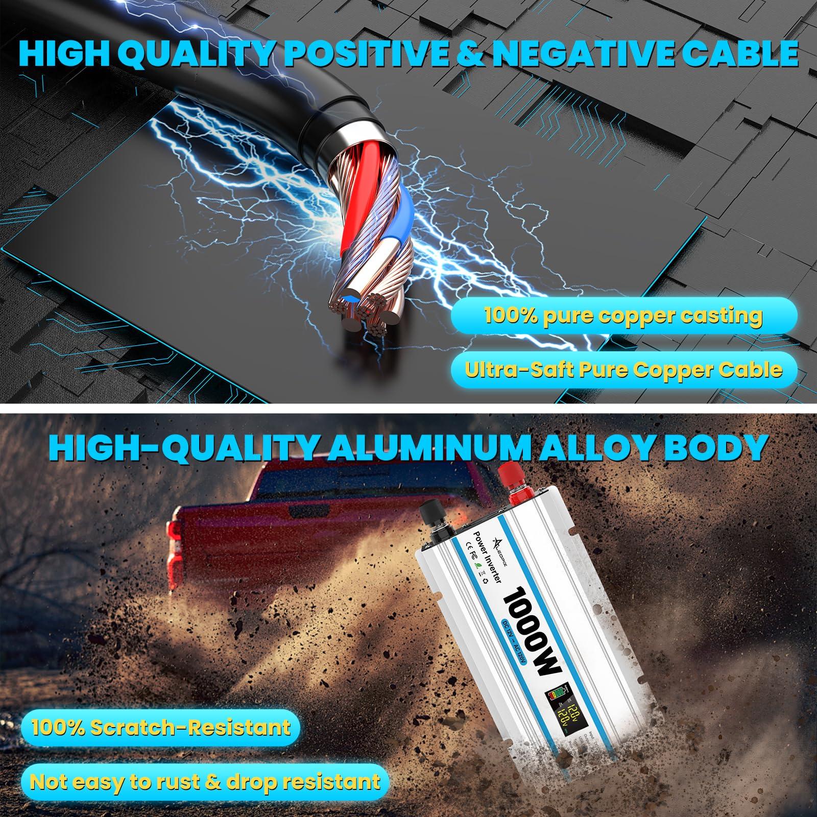 1000W Car Inverter 12V to 110V DC to AC Power Inverters for Vehicles with 2 AC Outlets/36W PD USB-C/18W QC USB-A Fast Charging/Cigarette Lighter/LED Display/100A Cables 1000 Watt Inverter - Image 8