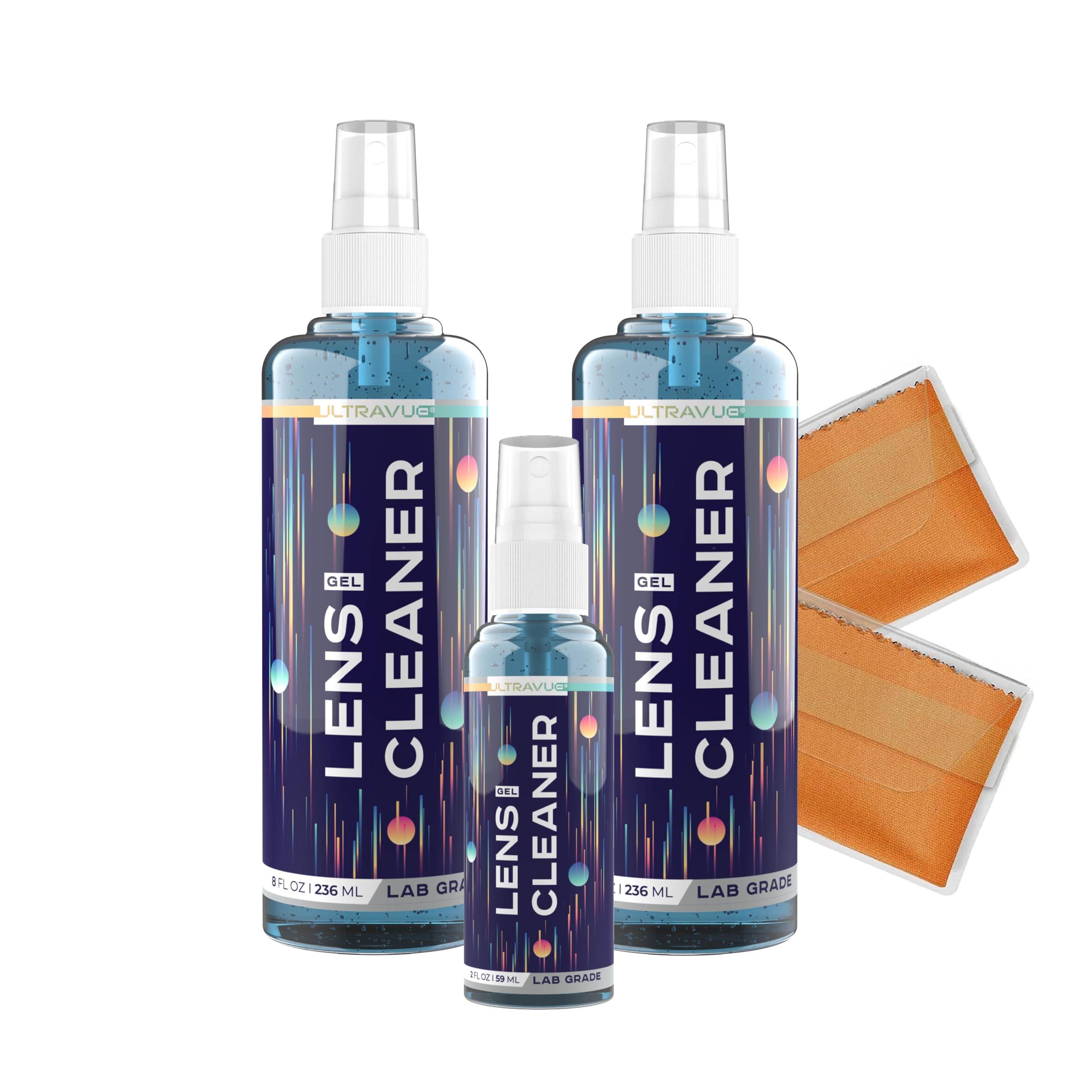 ULTRAVUE Eyeglass Gel Lens Cleaner Spray Kit - 2 x 8oz and 1 x 2oz Gel Eyeglasses Cleaner Spray Bottle + 2 Microfiber Cloth for Cleaning - Safe for All Lenses (AR Coated Included)