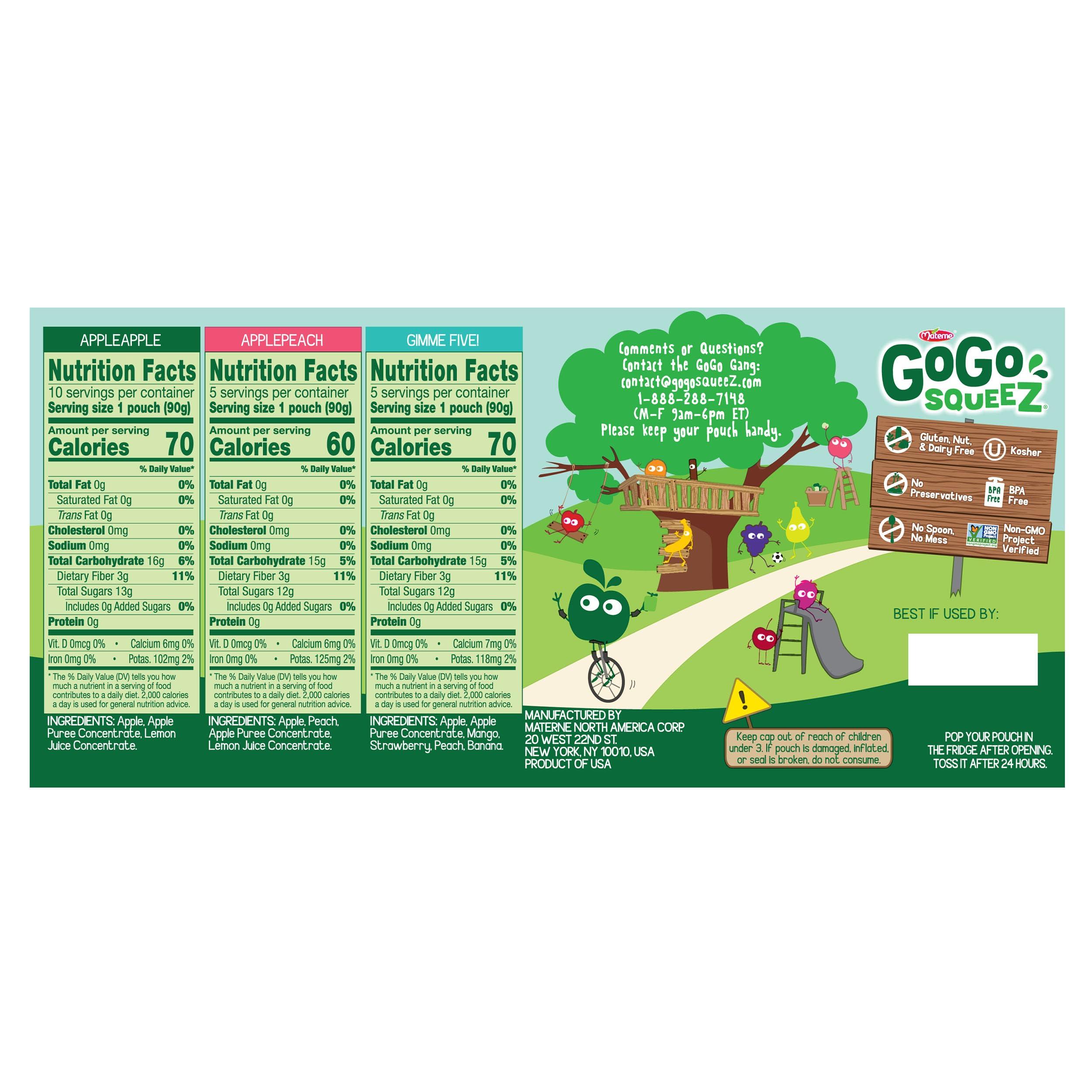 GoGo squeeZ Applesauce and Fruit Puree Variety Pack, Apple, Peach & Gimme Five!, 3.2 oz (Pack of 20), Unsweetened Fruit Snacks for Kids, Gluten Free, Nut Free and Dairy Free, BPA Free Pouches - Image 2