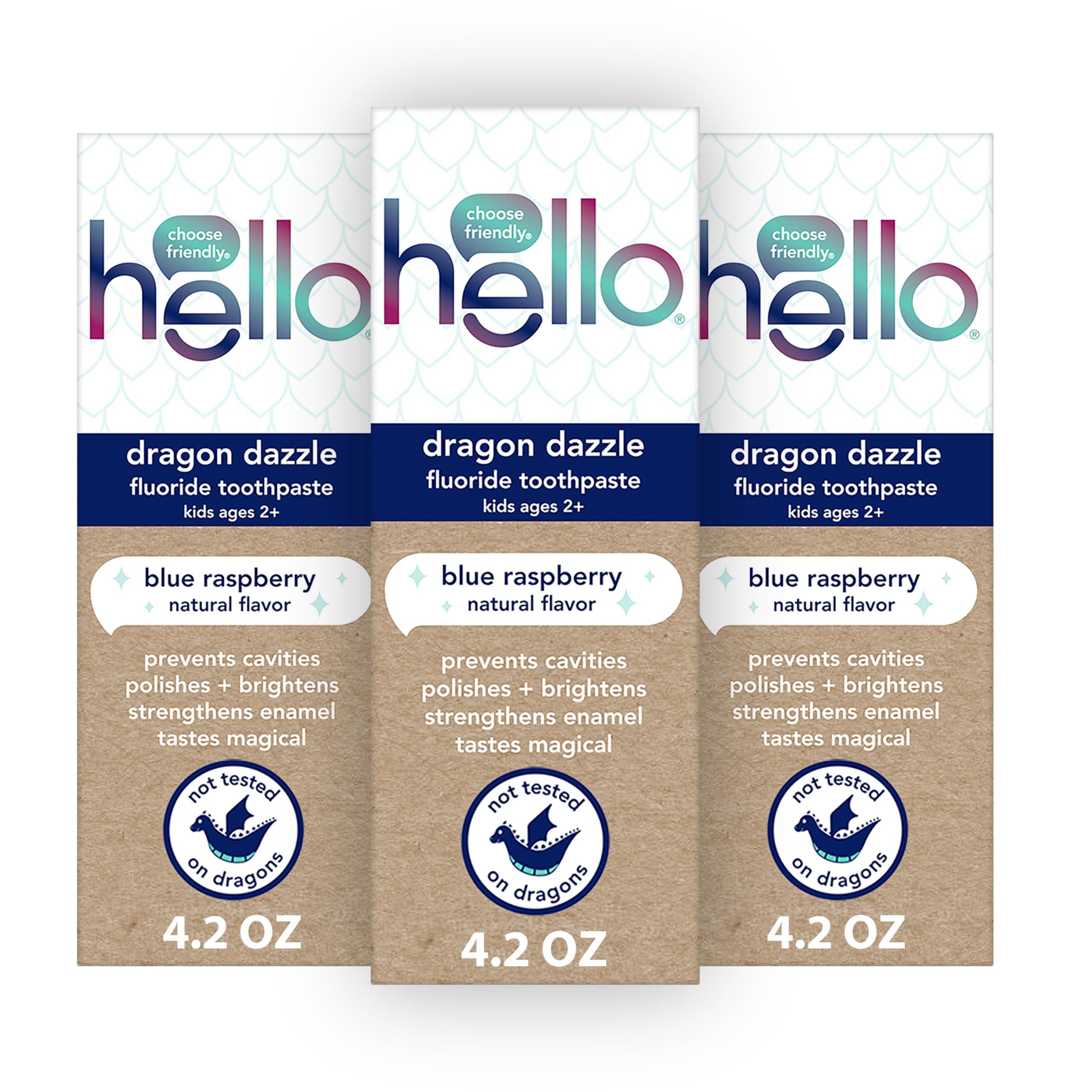 hello Dragon Dazzle Blue Raspberry Kids Toothpaste, Fluoride Toothpaste, Ages 2+, No Artificial Sweeteners, No SLS, Gluten Free, Vegan, Pack of 3, 4.2 OZ Tubes - Image 1