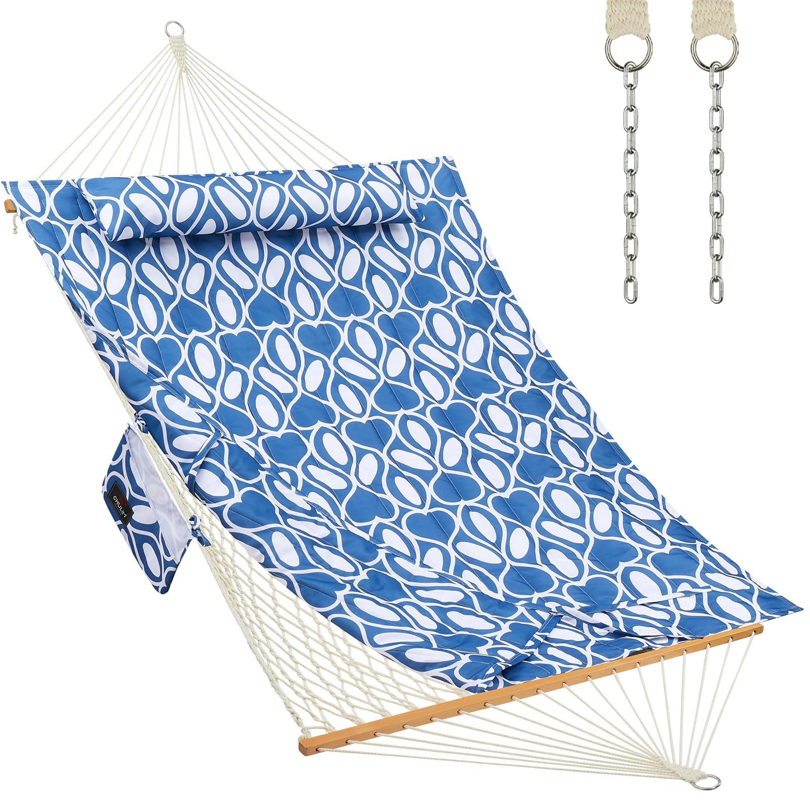 CHULIM Outdoor Double Hammock with Hardwood Spreader Bars Cotton Rope Hammock with Polyester Pad and Pillow 475 LBS Capacity 2 Person Hammock Large Hammock for Patio Backyard Poolside - Blue Printing