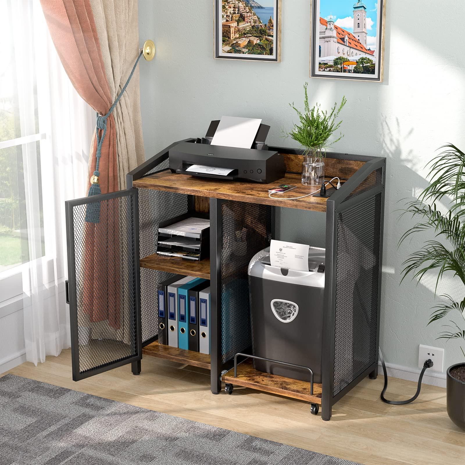 Unikito 3-Tier Lateral Office Filing Cabinets with Socket and USB Charging Port, Modern Printer Stand and Paper Shredder Stand Rack with Wheels and Open Storage Shelves for Home Office, Rustic Brown - Image 2