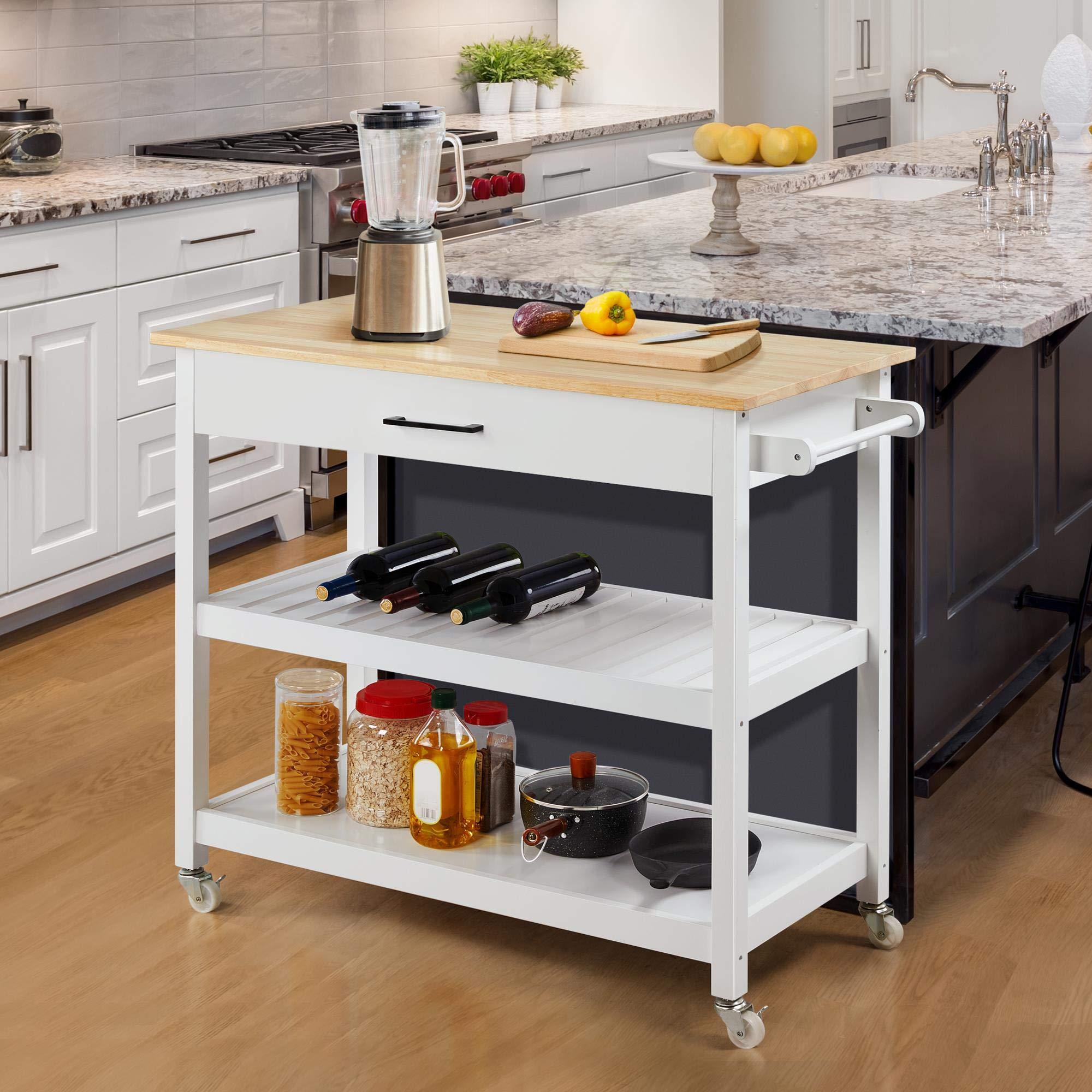 Yaheetech 40" Width Kitchen Island Cart on Wheels, 3 Tiers Rolling Utility Cart with Solid Wood Top and Drawer & 2 Spacious Storage Shelf, Serving Trolley for Dining Room, White - Image 4