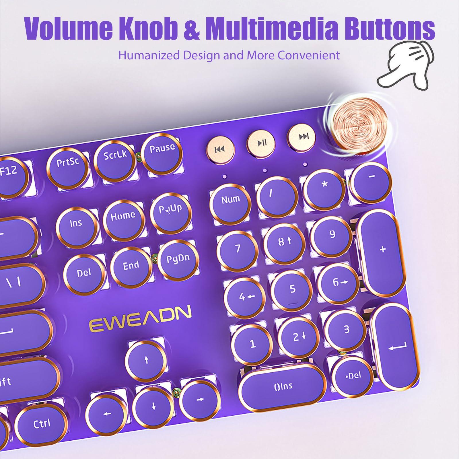 TISHLED Typewriter Style Mechanical Gaming Keyboard White LED Backlit 104-Key NKRO Pink Switches Retro Round Keycaps Golden Ring Volume Knob Metal Panel Wired USB-C Detachable Cable, Purple - Image 5