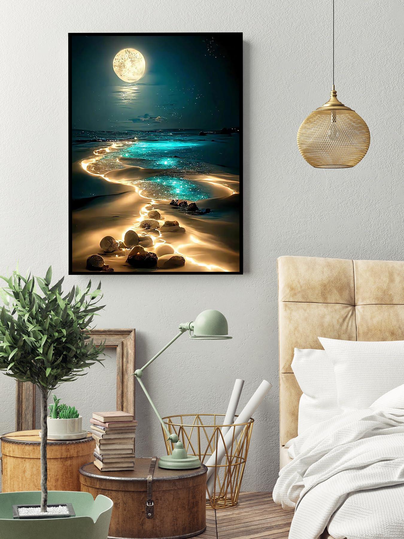 KINPLUB Moonlight Beach Diamond Painting Kits for Adults, 5D Seaside Moon Diamond Art Kits for Beginners, DIY Full Drill Paint with Diamond, Home Wall Decor 12 x 16 Inch - Image 3