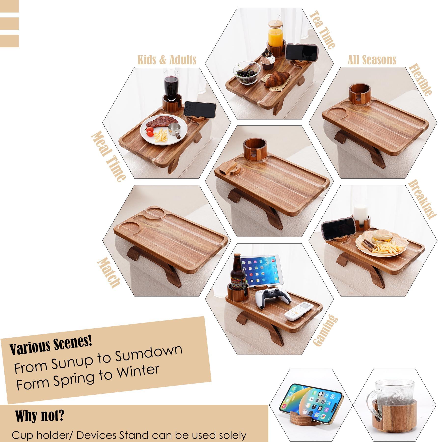 Nnewvante Couch Cup Holder Tray, 3 in 1 Large 15.36"x9.85" Acacia Wood Sofa Arm Clip on Tray Table with 360°Rotated Phone Holder on Armrest - Image 3