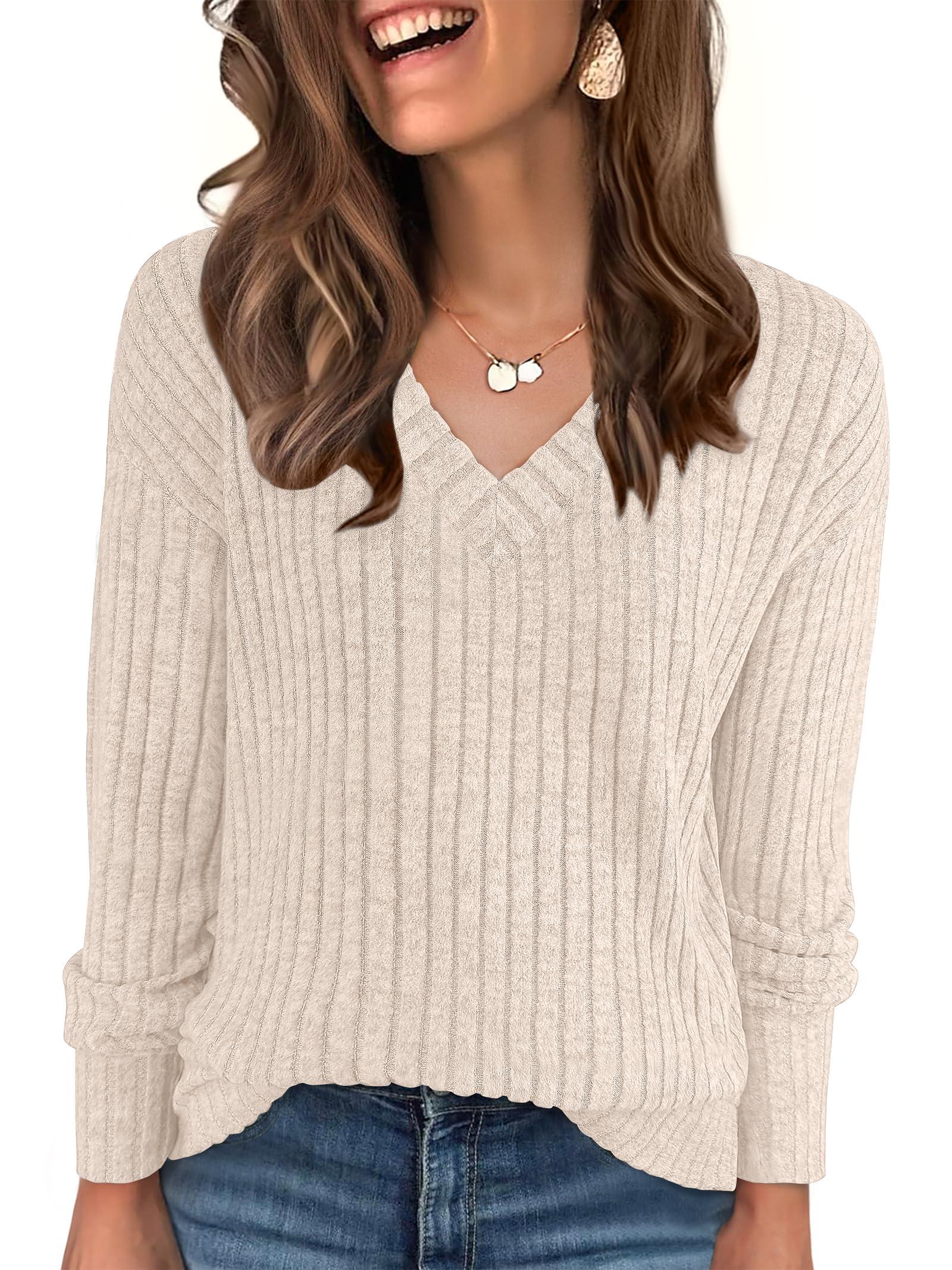ANRABESS Long Sleeve Shirts for Women V Neck Casual Fall Tops Loose Fit Lightweight Sweaters Tunic Fashion 2025 Clothes