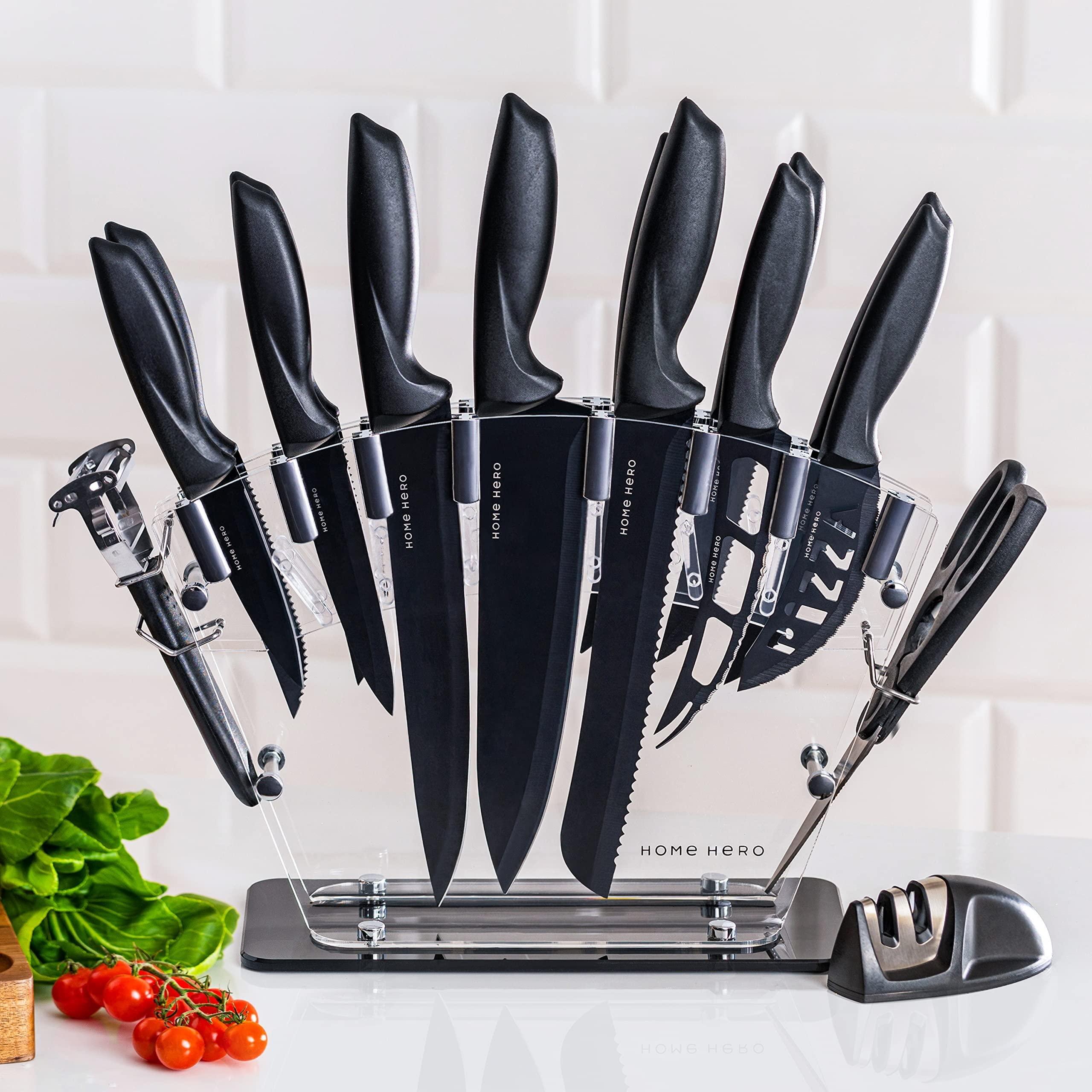 Home Hero Kitchen Knife Set with Sharpener - High Carbon Stainless Steel Knife Block Set with Ergonomic Handles (20 Pcs - Black) - Image 13