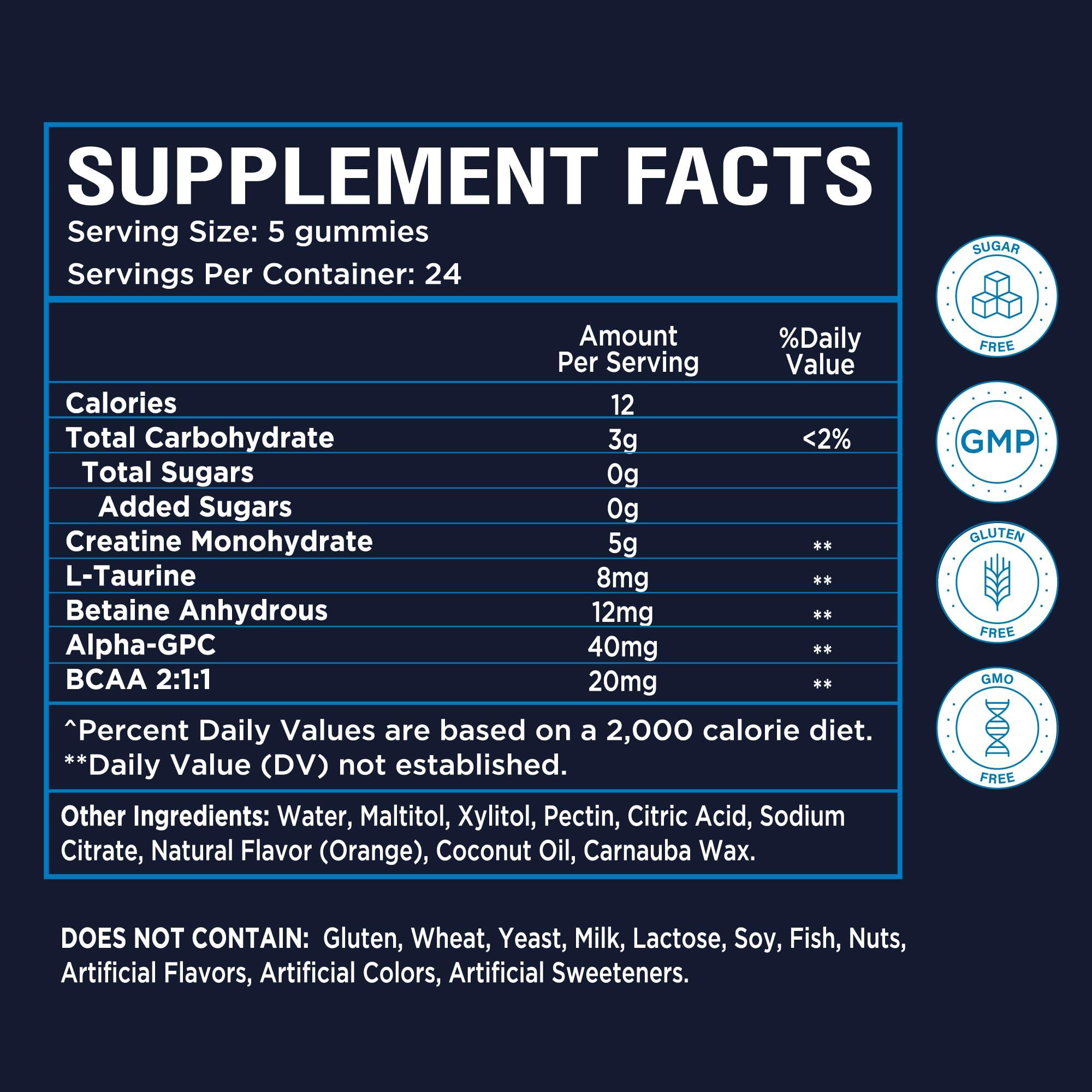 NutraPep Creatine Monohydrate Gummies 5g for Men Women - with L-Taurine Betaine Anhydrous Alpha-GPC BCAA 2:1:1 - Sugar-Free Gluten Free Chewable Creatine Supplement Bites - Image 7