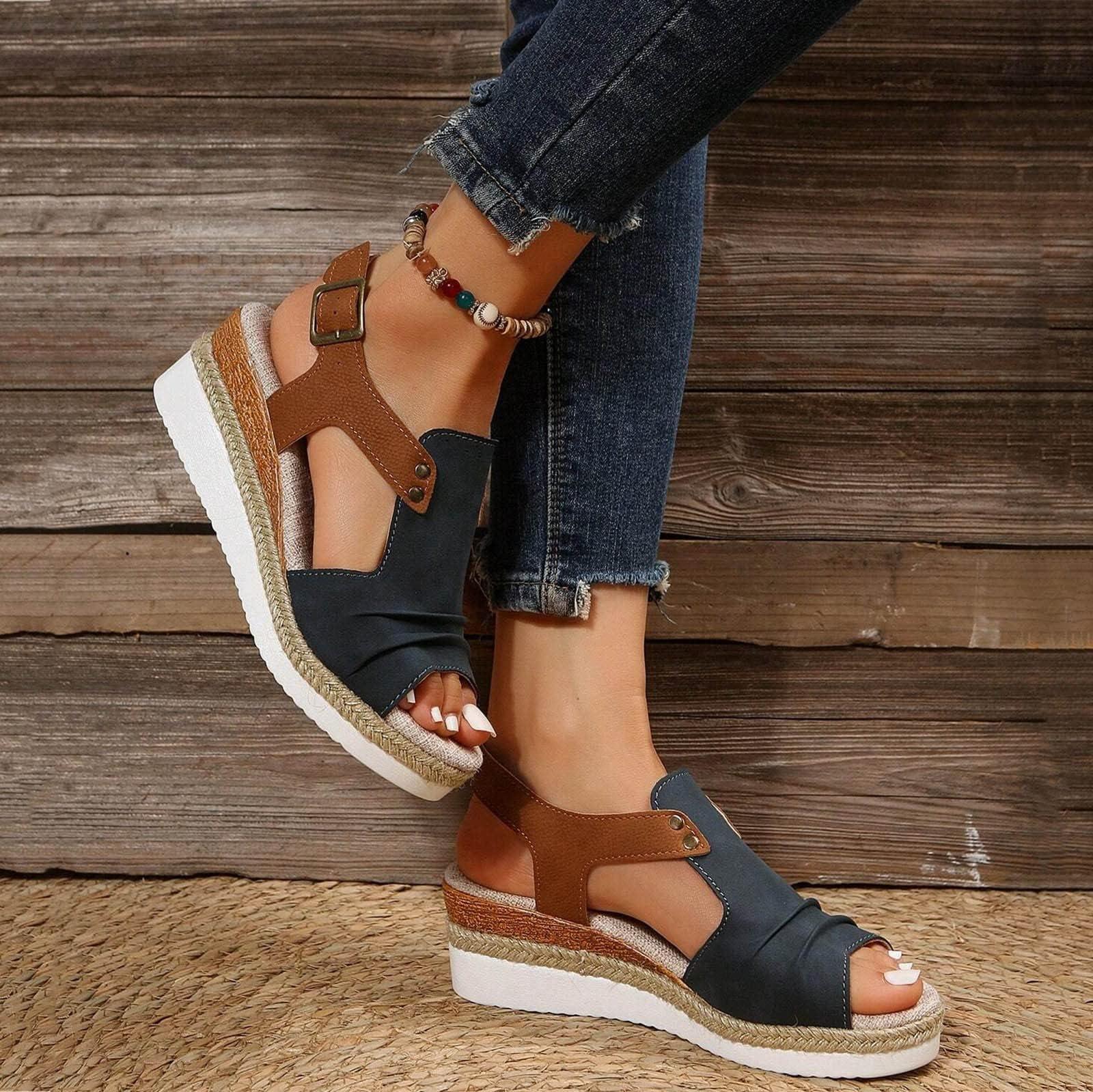 Navy Blue Orthopedic Wedge Sandals for Women 2025 Summer Dressy Flat Open Toe Ankle Strap Espadrilles Sandals Boho Comfortable Casual Strappy Slip on Wedges Shoes - Image 5