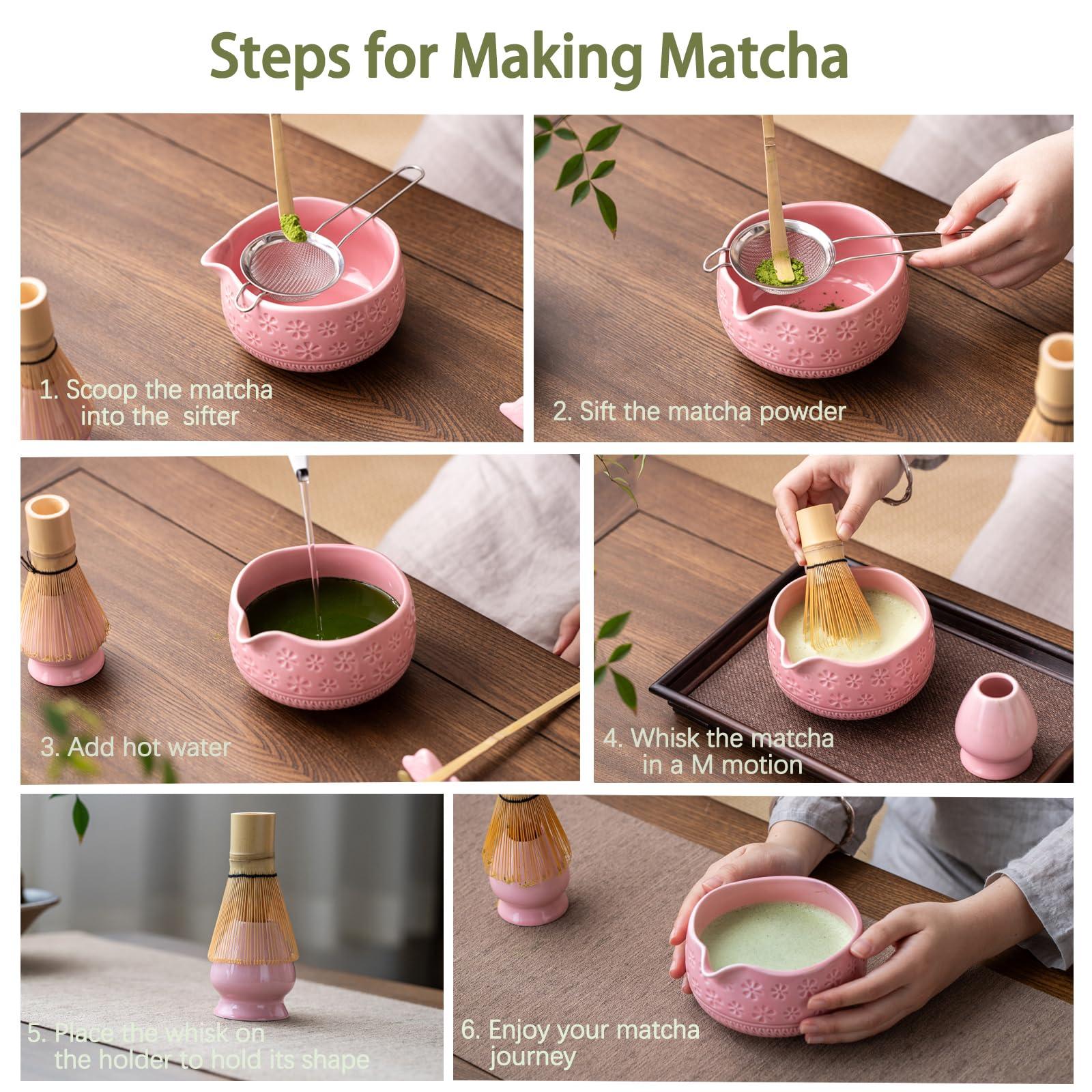 Buucup Matcha Whisk Set, Ceramic Matcha Set Includes Matcha Bowl, Matcha Whisk and Holder, Bamboo Scoop, Scoop Rest, Sifter and Tea Towel - 7 Pcs Matcha Kit for Matcha Lovers (Pink) - Image 7