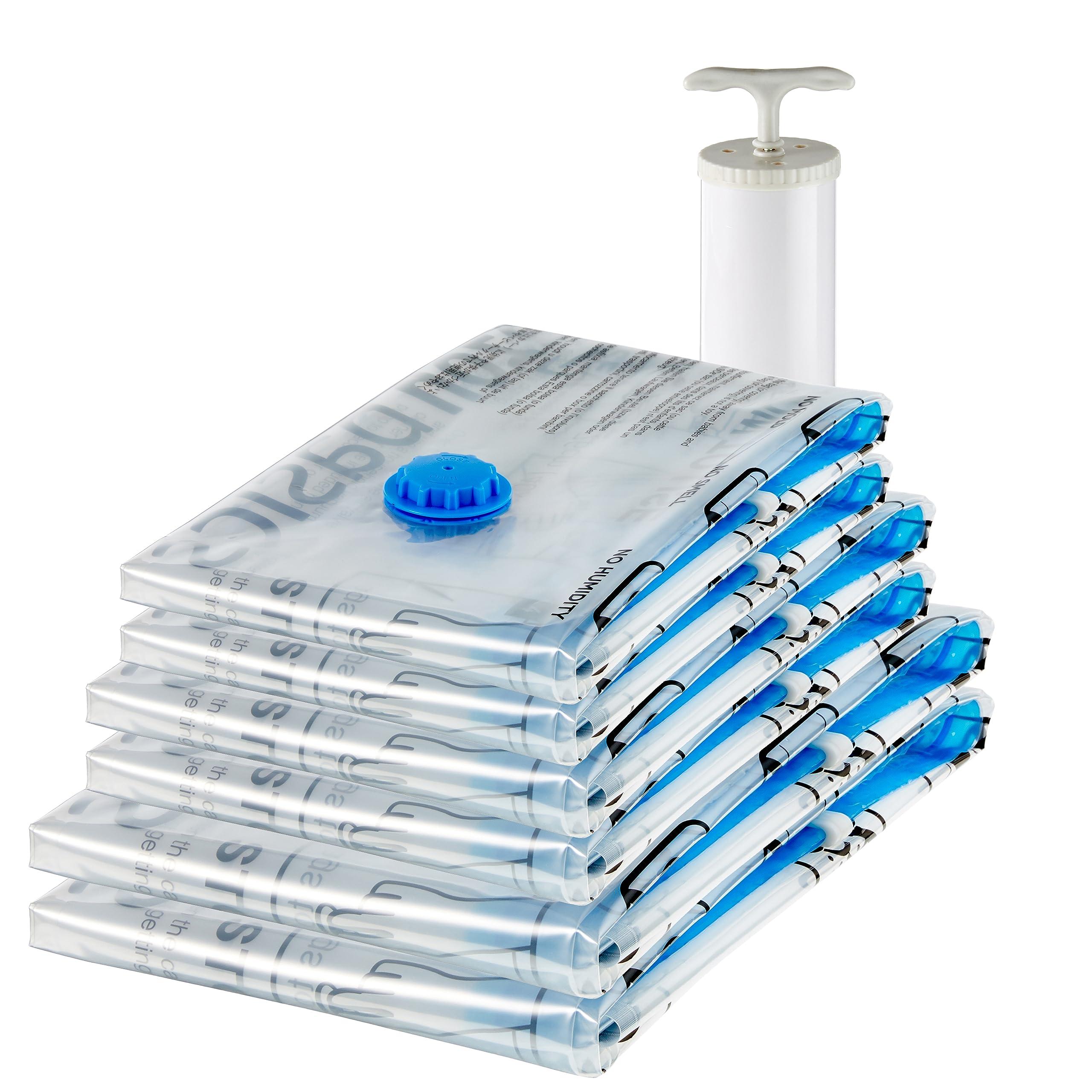 Amazon Basics Multiple Vacuum Compression Zipper Storage Bags for Space Saving and Travel with Hand Pump, 6-Pack (2 Jumbo, 2 Large, 2 Medium), Transparent
