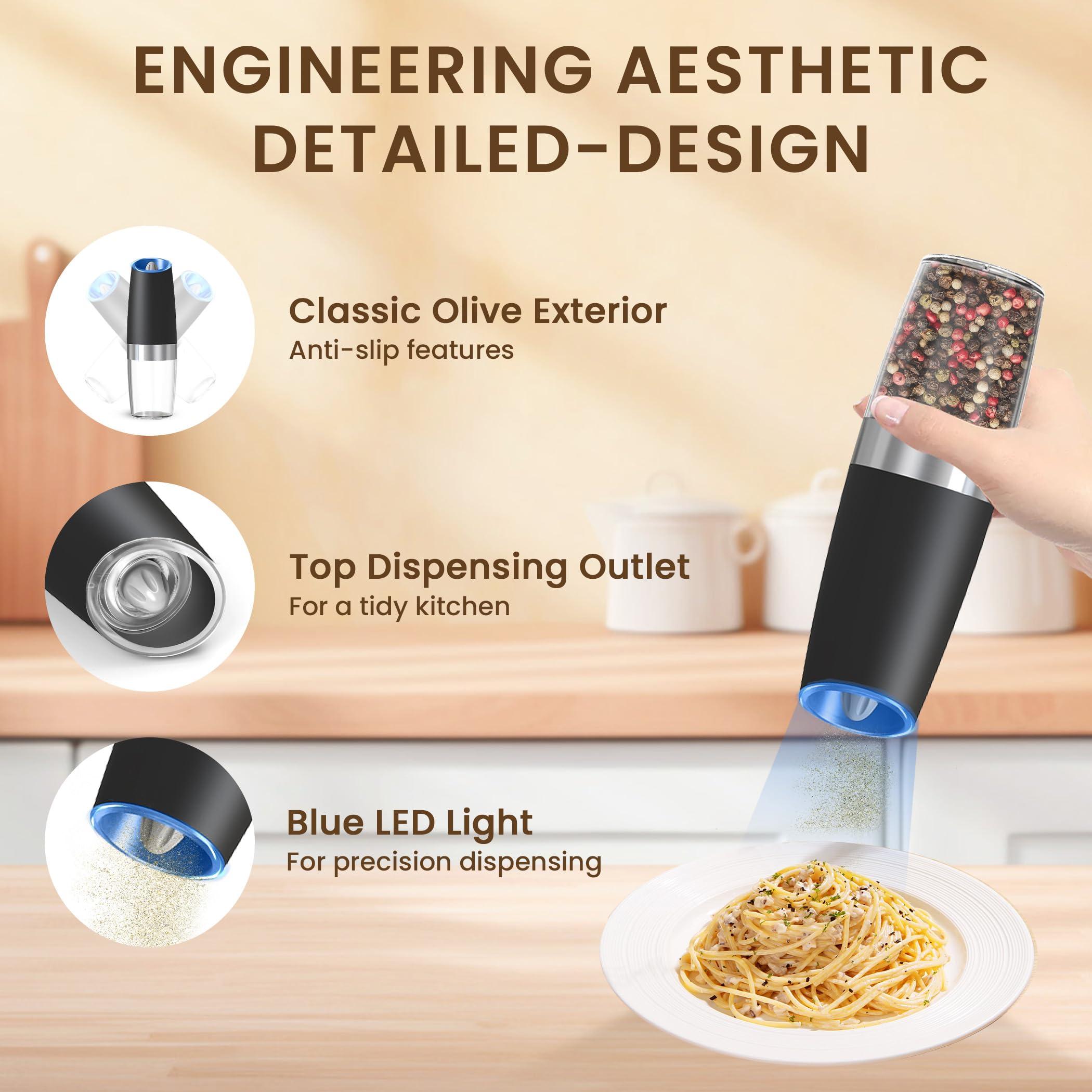 KIARYUOLL Gravity Electric Salt And Pepper Grinder Set, Automatic Salt And Pepper Grinder Set, Battery Powered (6 AAA Batteries Each), Adjustable Roughness, LED Light, 2 Pack, (Black) - Image 5