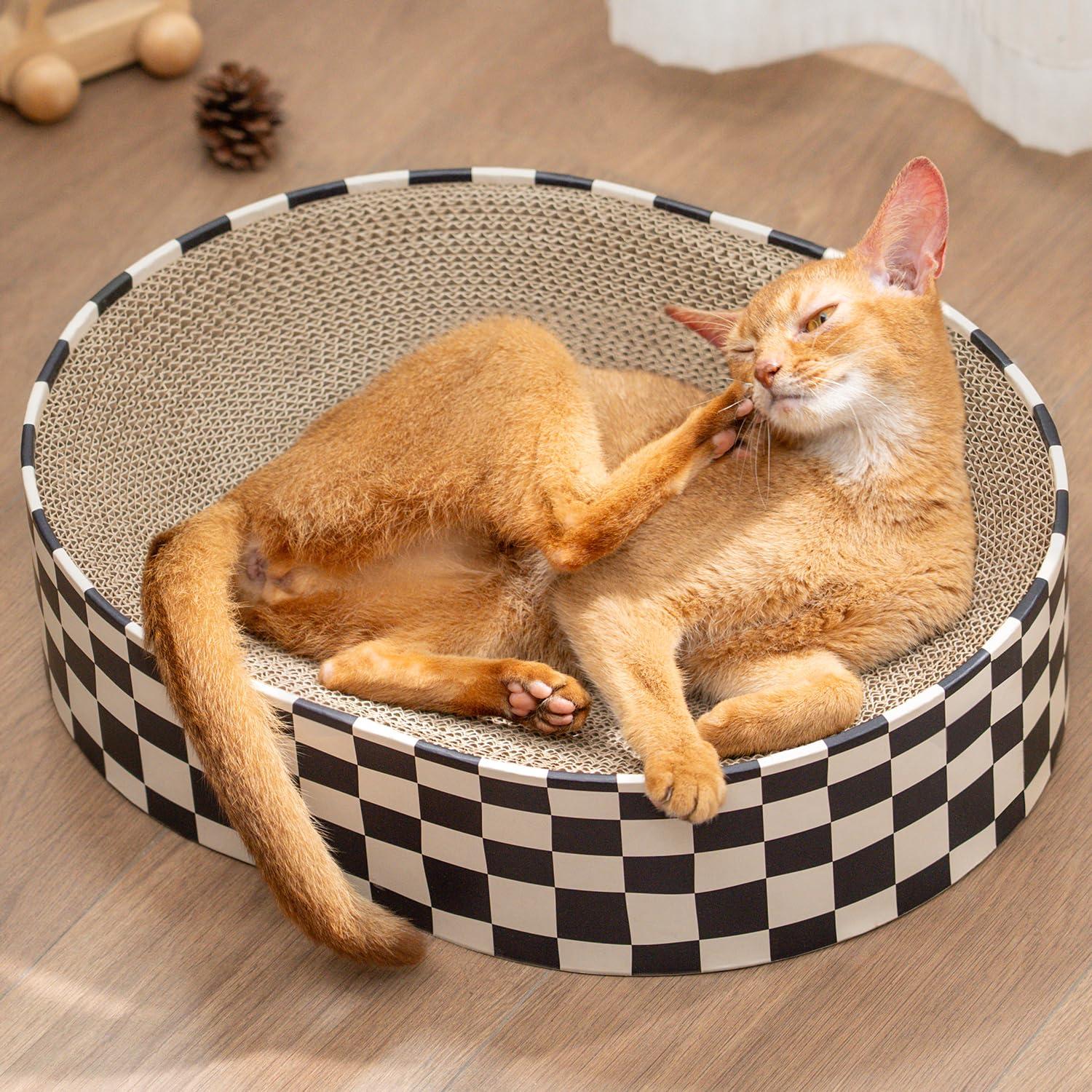 Conlun Cat Scratcher Cardboard,2 in 1 Oval Cat Scratch Pad Bowl for Indoor Kitty Grinding Claw,Round Kittens Scratching Board Corrugated Lounge Pet Beds&Furniture Protector for Couch&Carpets&Sofas
